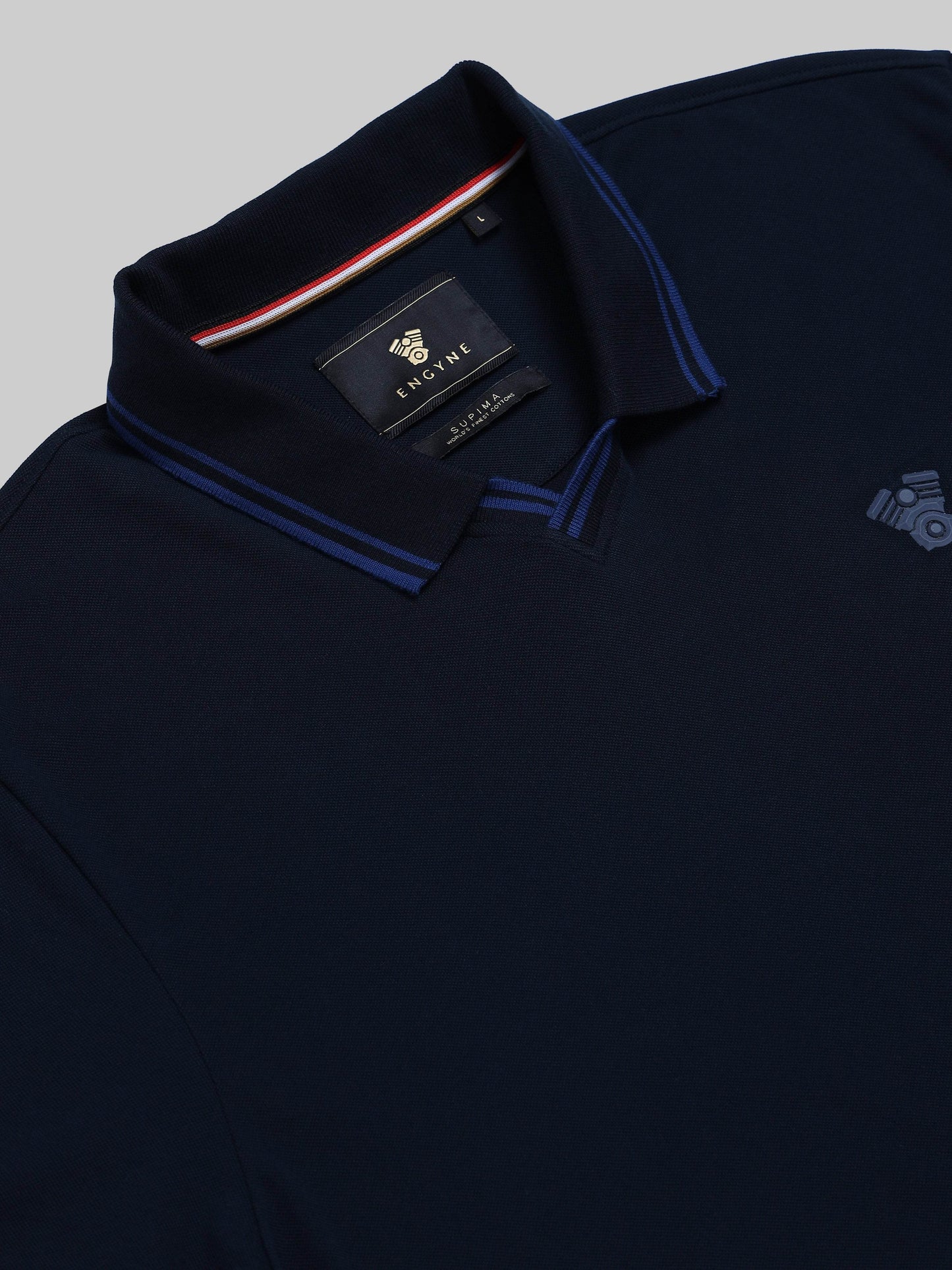 Supima Cotton Lycra Piqué with Flat-Knit Tipped Collar, V-Placket, and 3D Chest Branding Navy Polo - ENGYNE