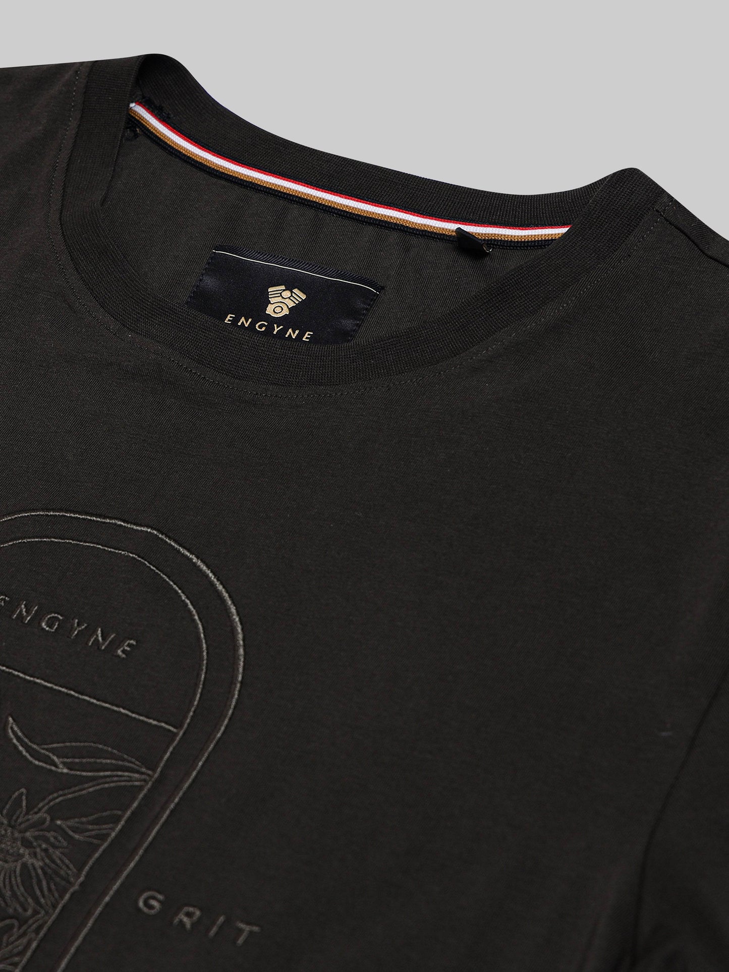 Rougen Cotton Lycra with Floral Placement Embroidery Olive T-shirt - ENGYNE