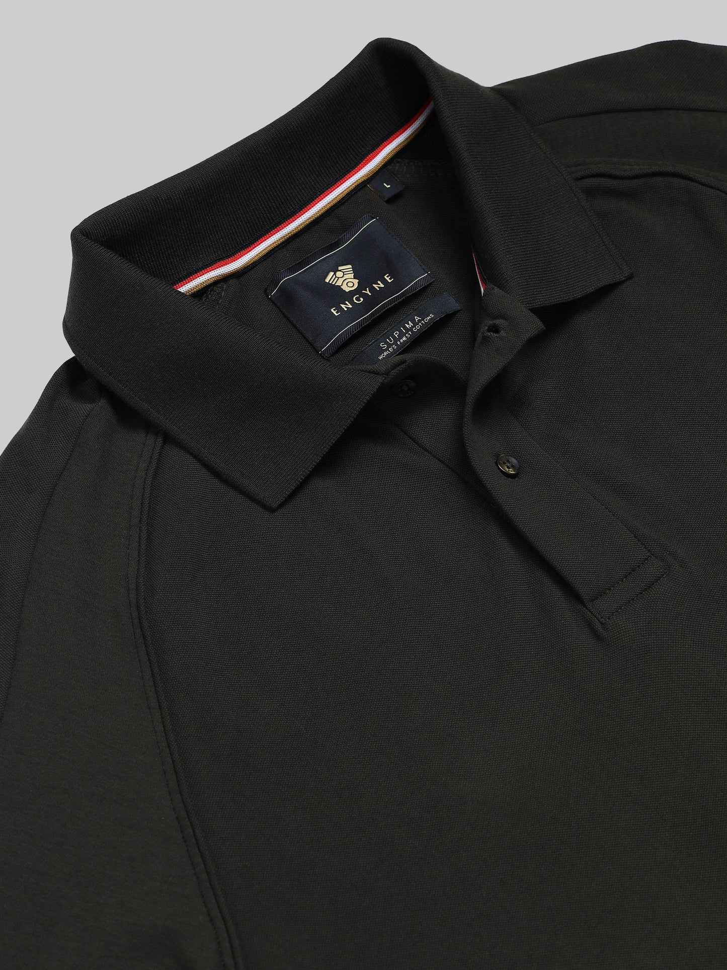 Regular Fit Polo with Cut and Sew Sleeves and DTM Corded Piping in Supima Cotton Lycra Piqué and Interlock - Olive - ENGYNE