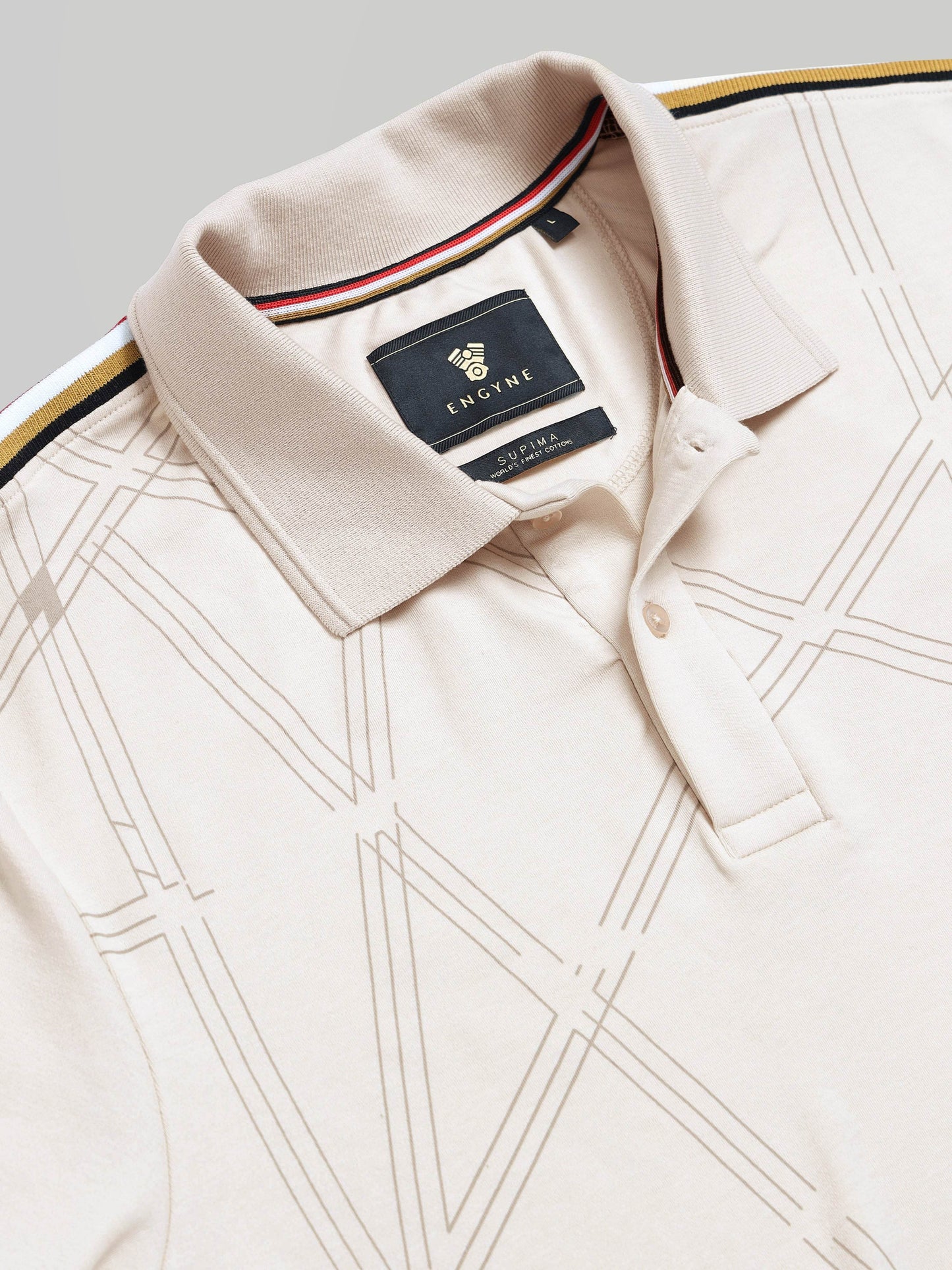 Supima Cotton Lycra Interlock with Pigment Printed Panels, Cut and Sew Detailing, and Speedbreaker Collar and Cuff Beige Polo - ENGYNE