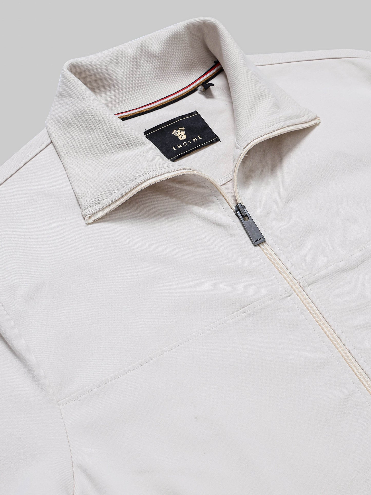 High Neck Zipper Sweatshirt with 4-Color Flag Tape and Contrast-Tipped Cuffs Beige - ENGYNE