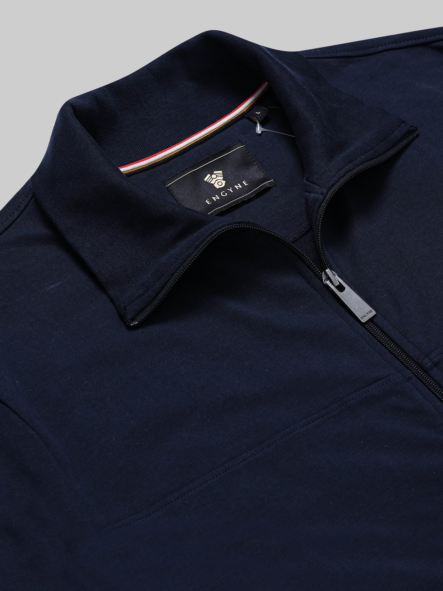Neck Zipper Sweatshirt with 4-Color Flag Tape and Contrast-Tipped Cuffs Navy - ENGYNE