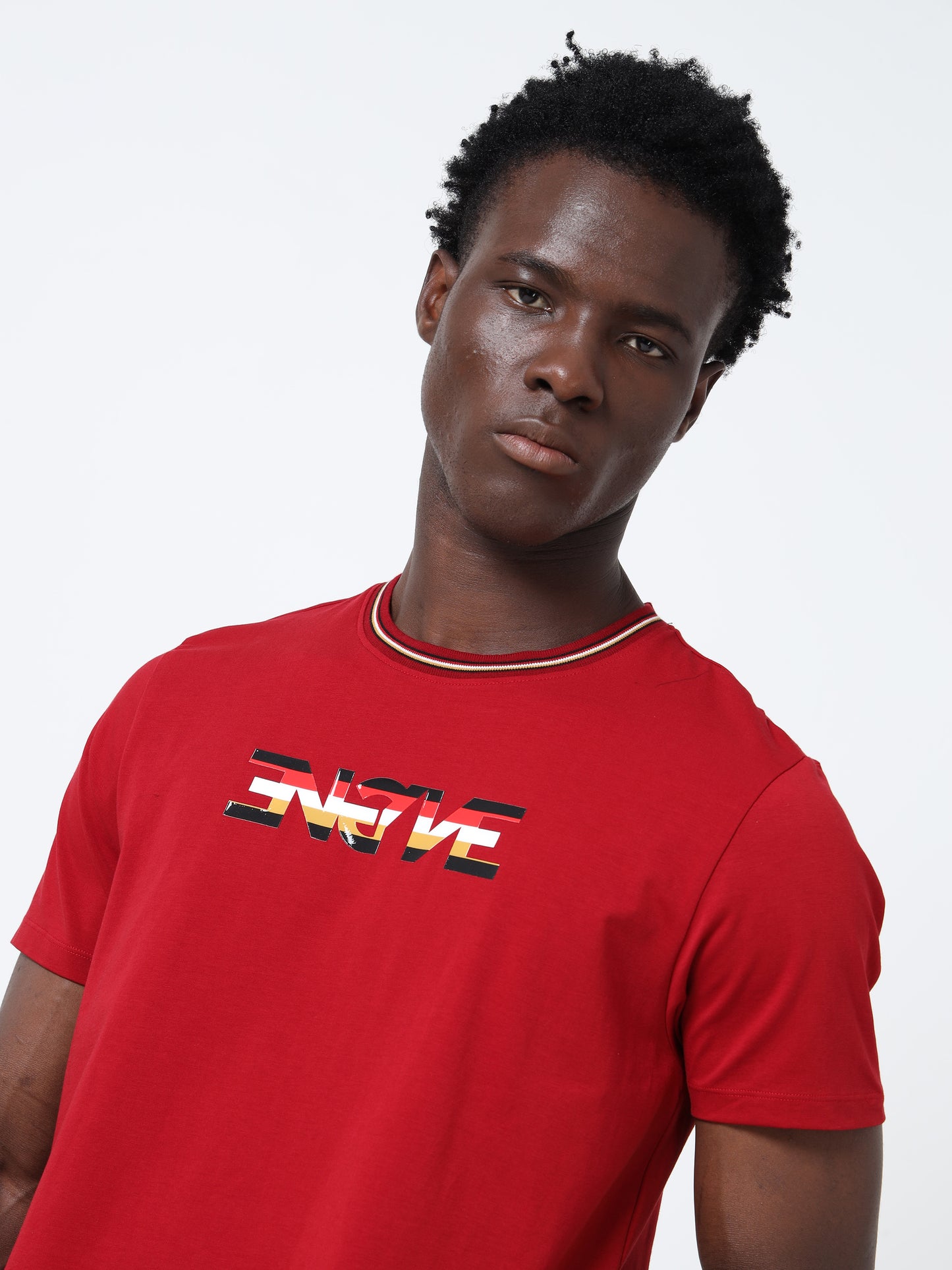 Non-PVC Engyne Stripe Sticker Print Dark Red T-Shirt
