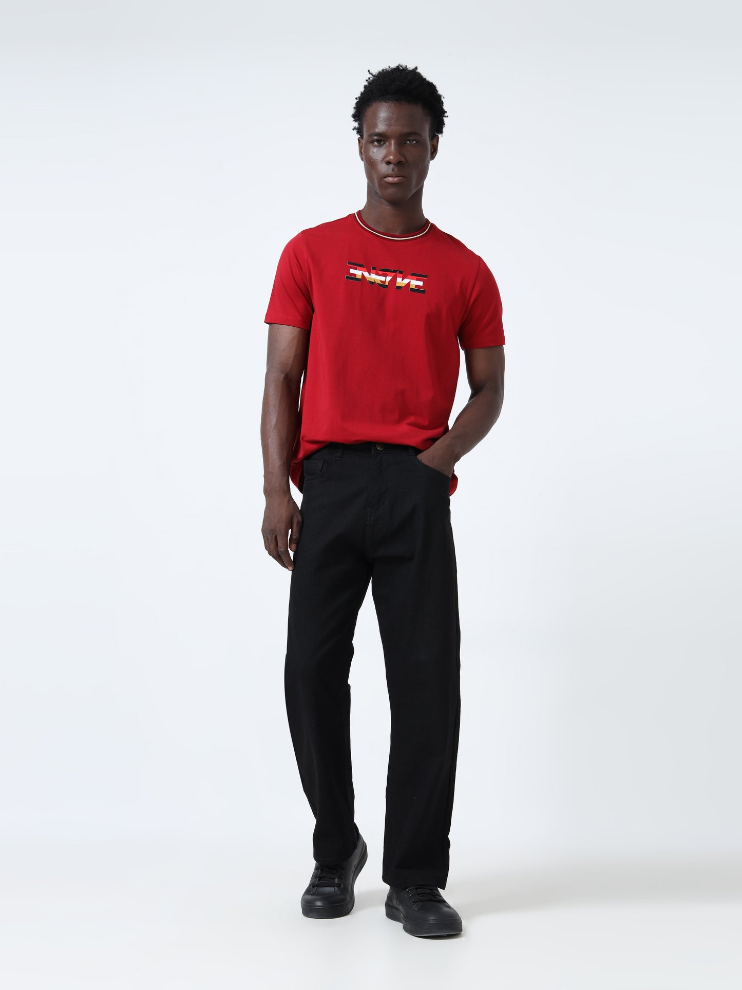 Non-PVC Engyne Stripe Sticker Print Dark Red T-Shirt