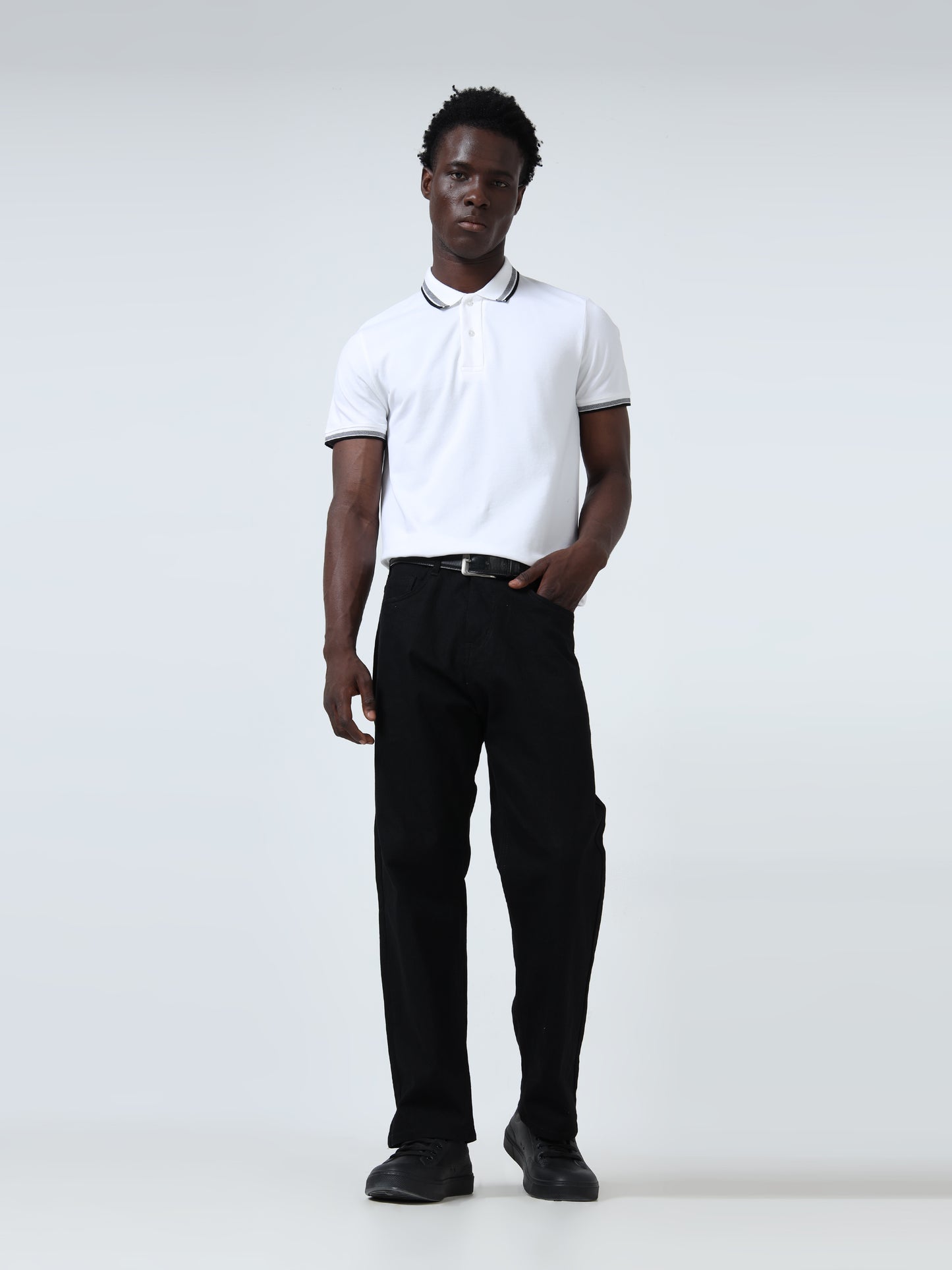 Contrast-Tipped Collar Textured White Polo T-Shirt