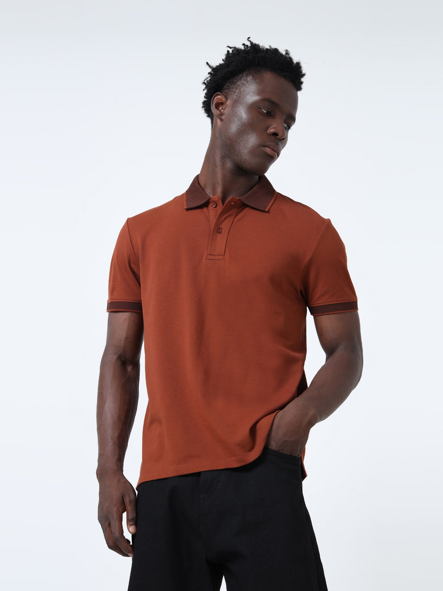 Contrast-Tipped Collar Textured Brown Polo Shirt for Men