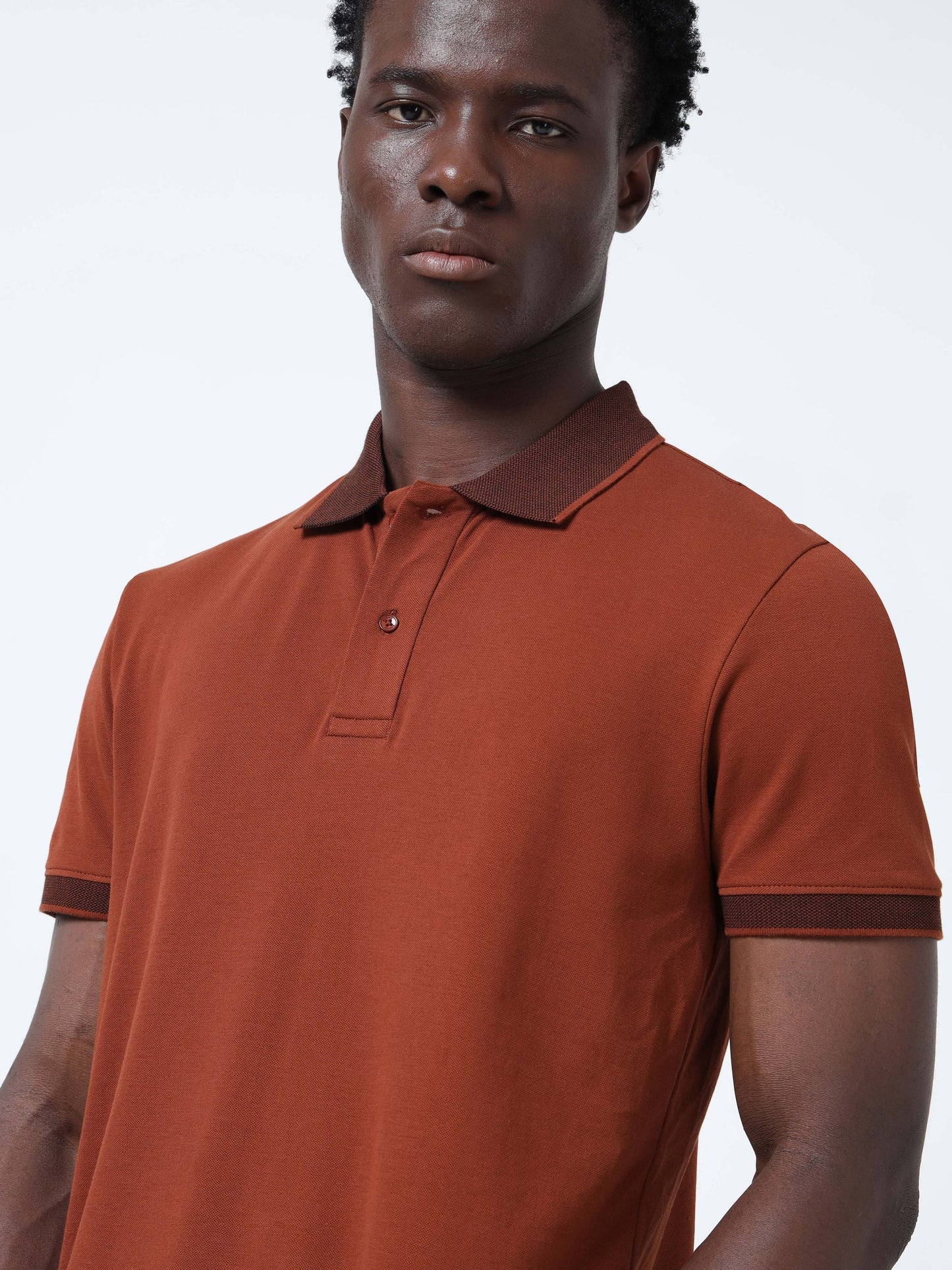 Contrast-Tipped Collar Textured Brown Polo Shirt for Men