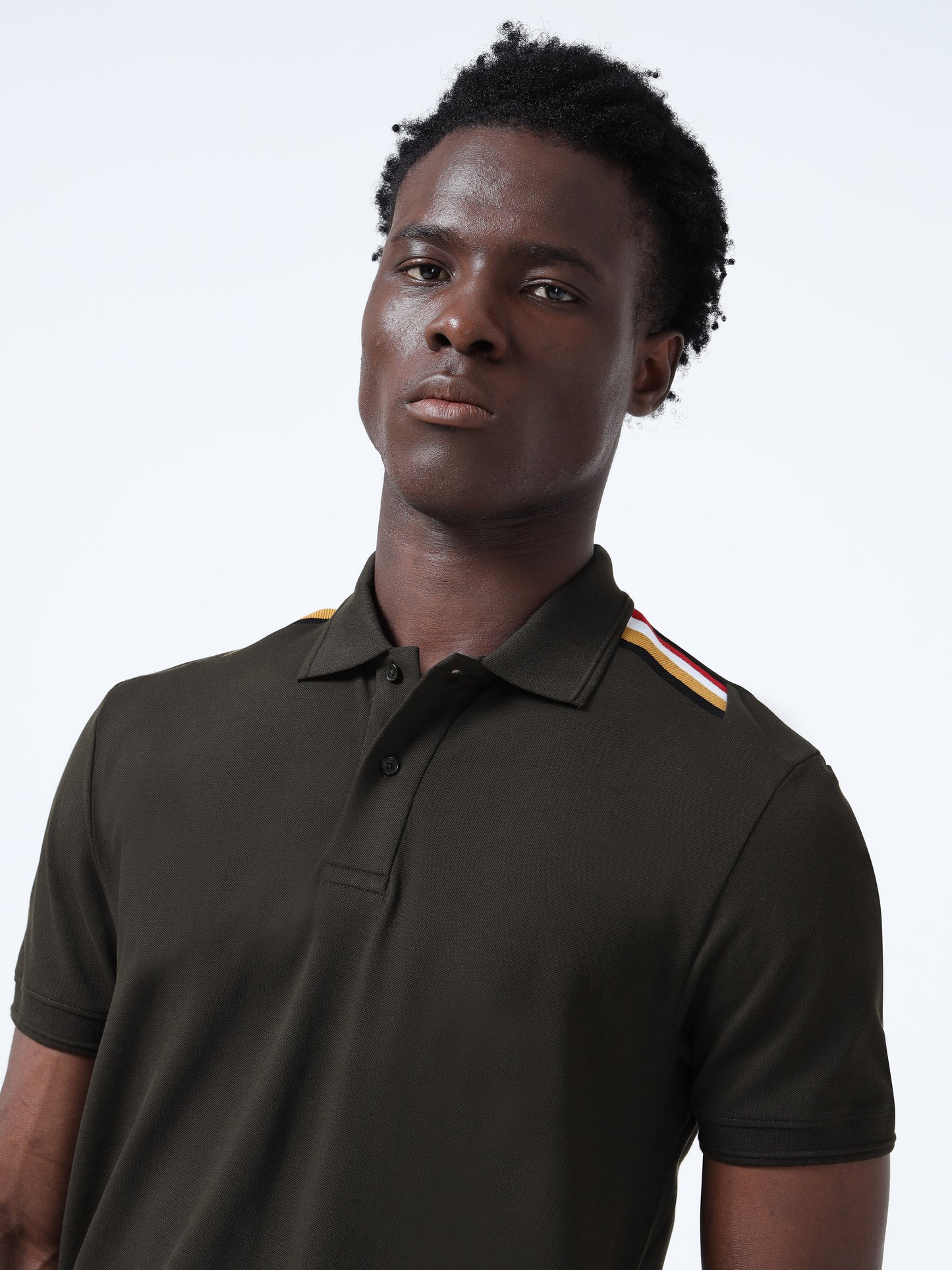 Four-Color Flag Rib Shoulder Men's Olive Green Polo Shirt