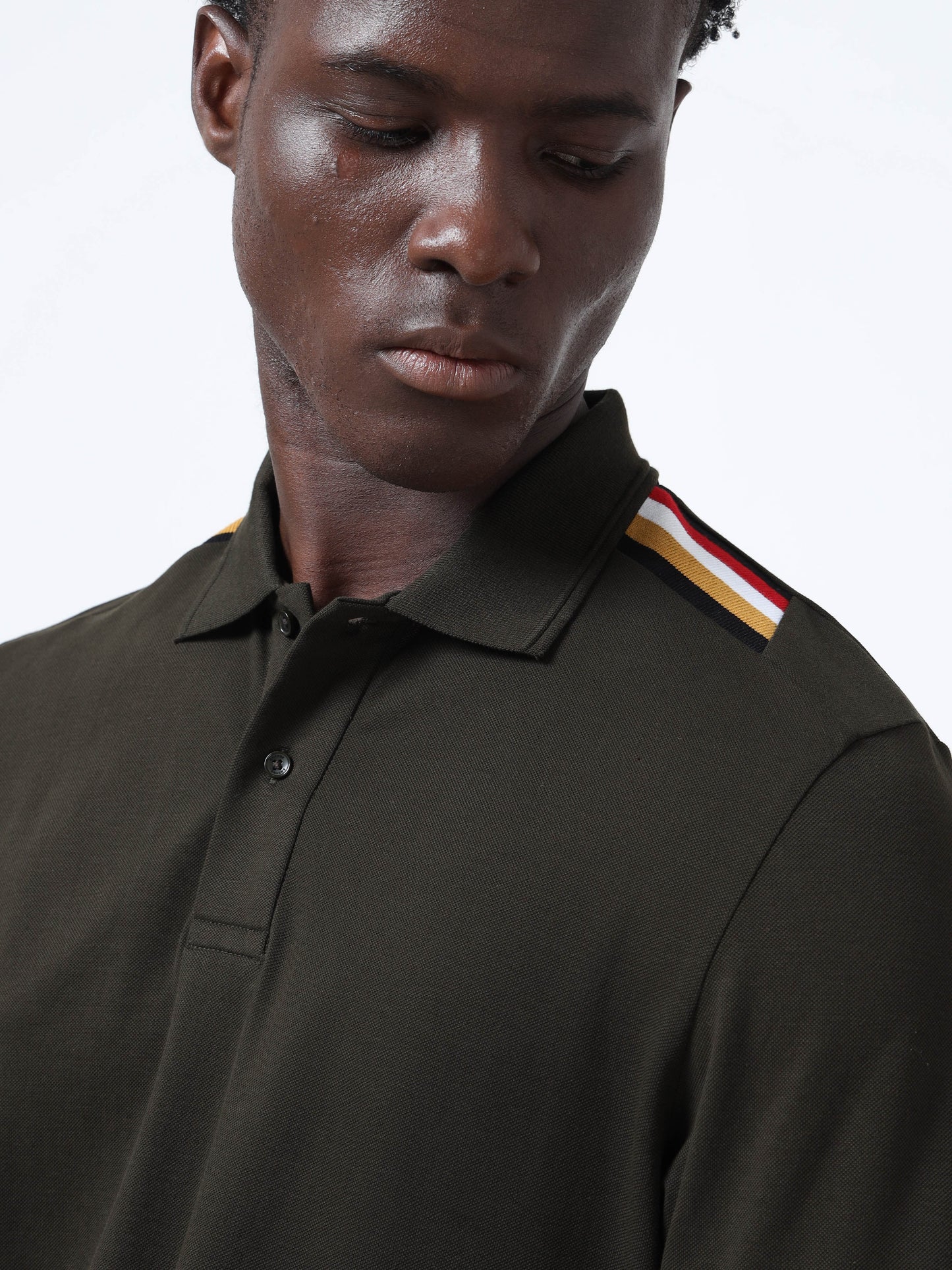 Four-Color Flag Rib Shoulder Men's Olive Green Polo Shirt
