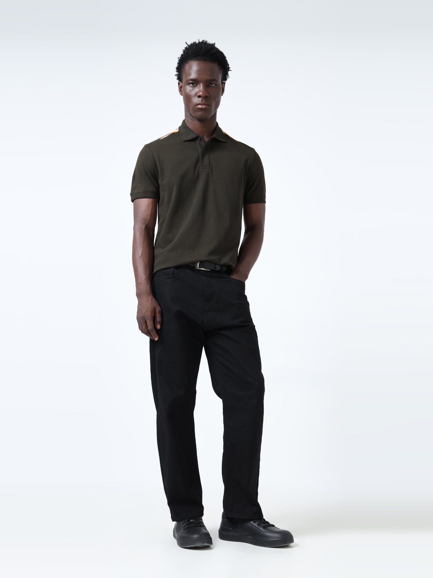 Four-Color Flag Rib Shoulder Men's Olive Green Polo Shirt