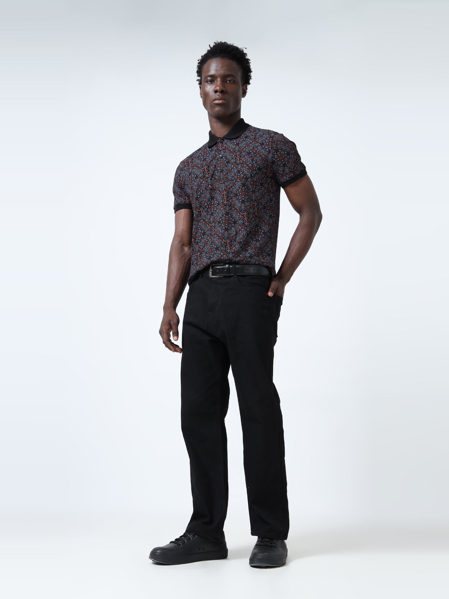 Black Rotary All-Over Printed Polo Shirts with DTM Collar