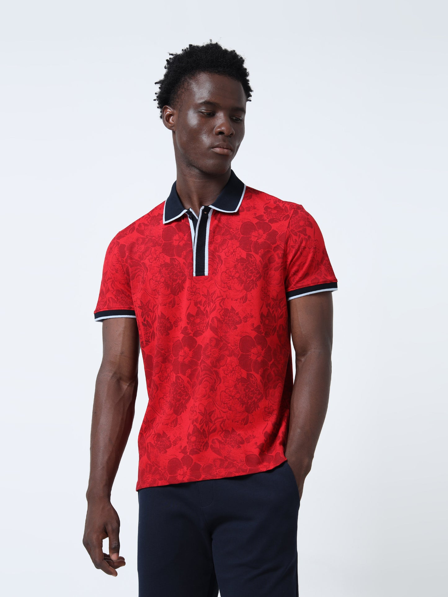 Rotary Print Red Polo Shirt for Men with Contrast-Tipping