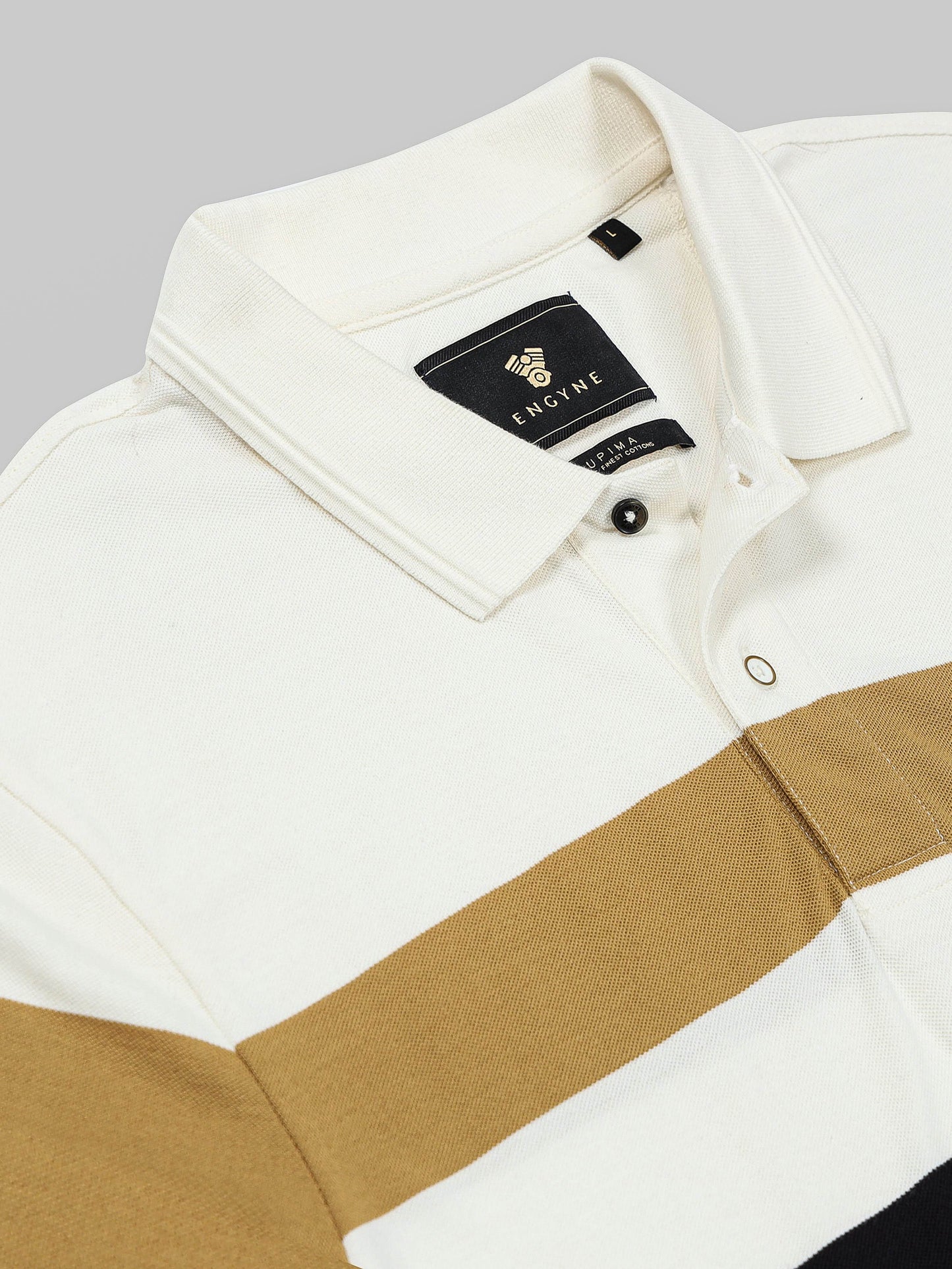 Supima Cotton Lycra with Yarn-Dyed Stripes and Speed-Breaker Textured Collar and Cuffs White T-shirt - ENGYNE