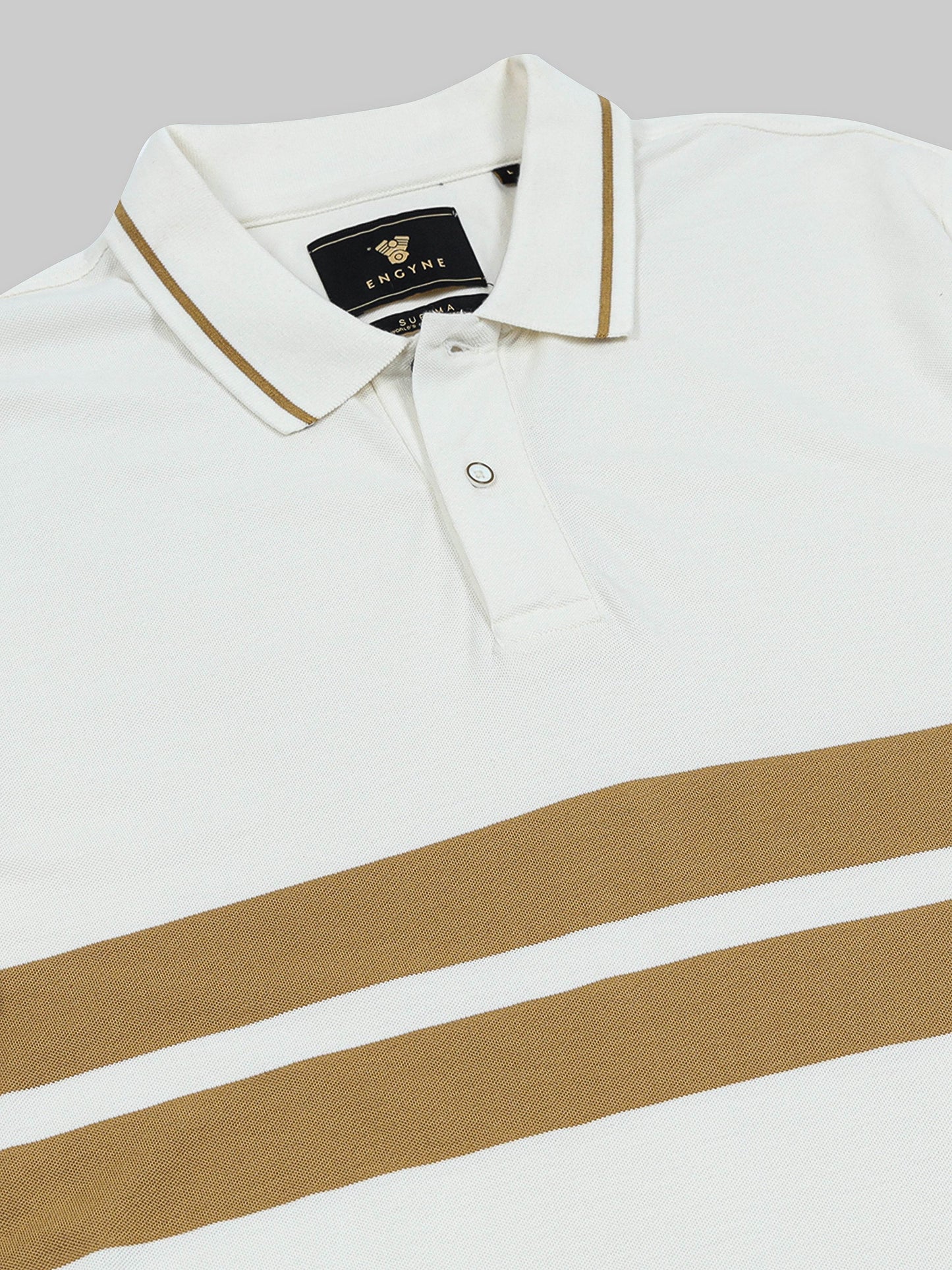 Supima Cotton Lycra Striped with Contrast-Tipped Collar and Cuffs White T-shirt - ENGYNE