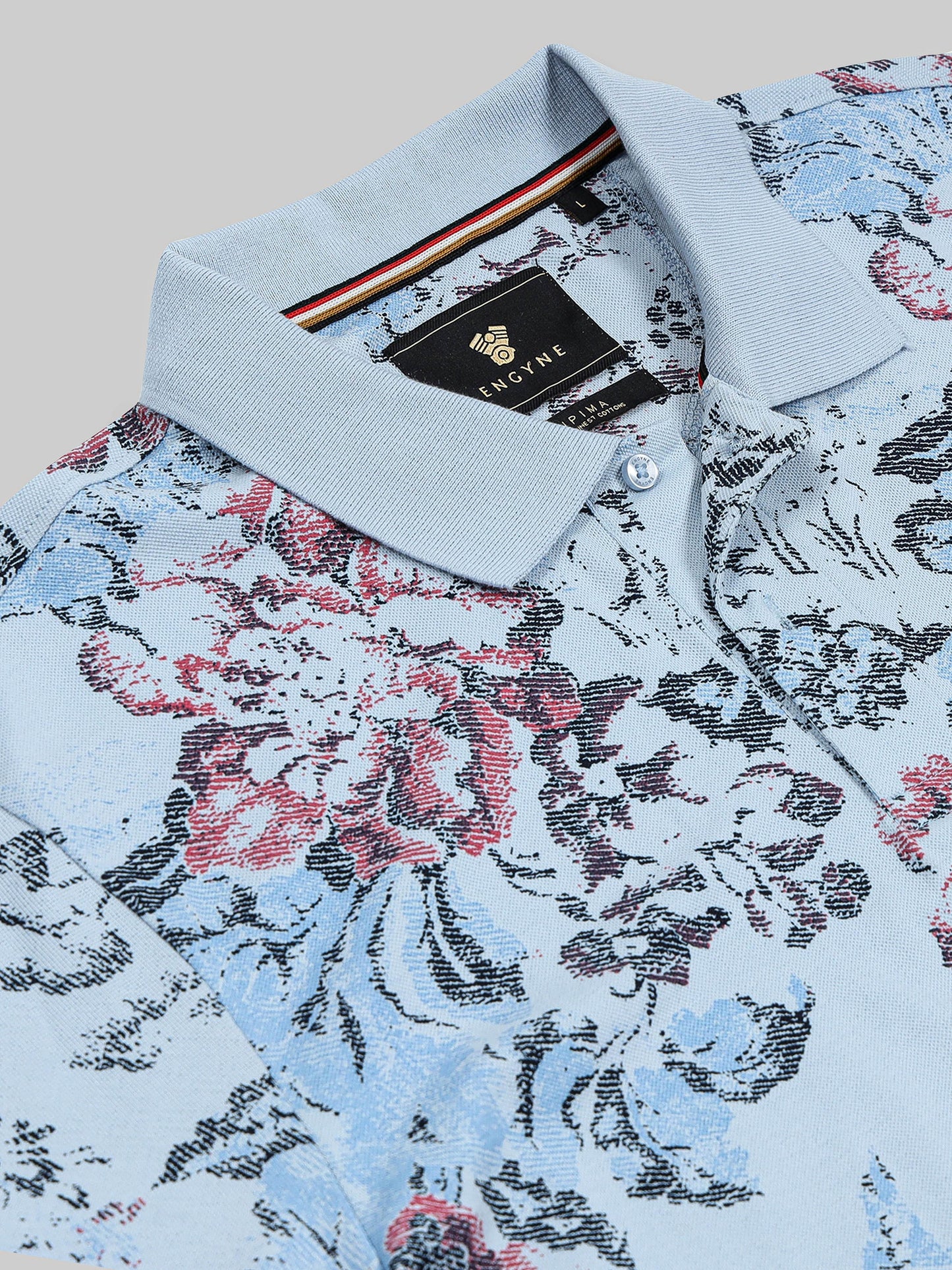 Supima Cotton Lycra with Rotary All-Over Print and DTM Collar Light Blue Polo - ENGYNE