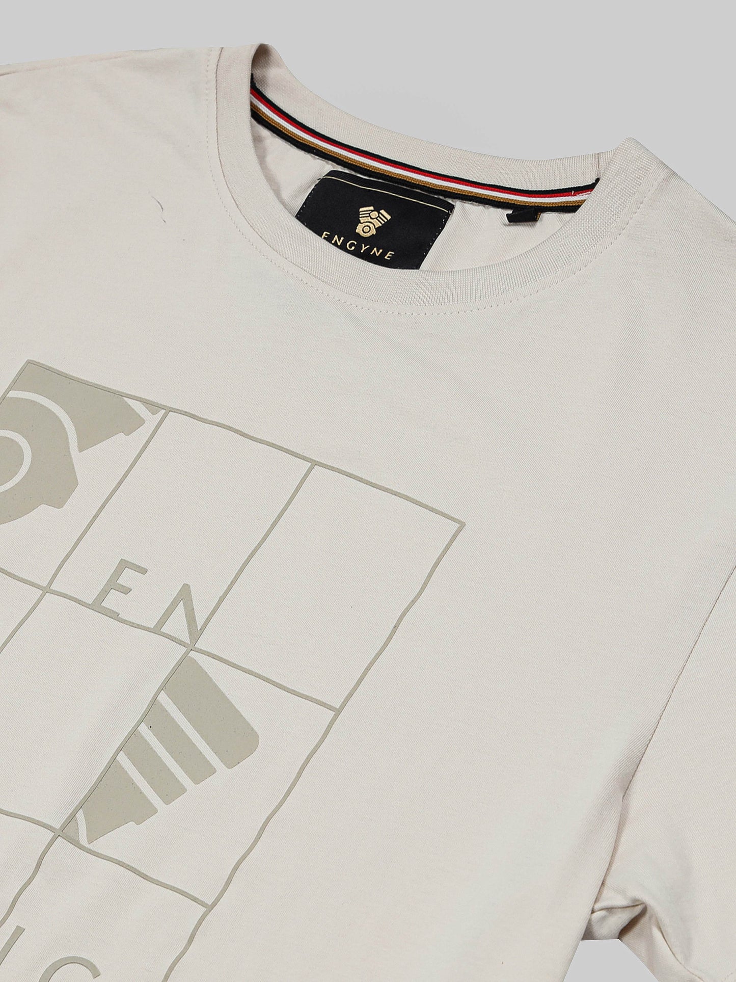 Rougen Cotton Lycra with HD and Non-PVC Chest Print Beige T-shirt - ENGYNE