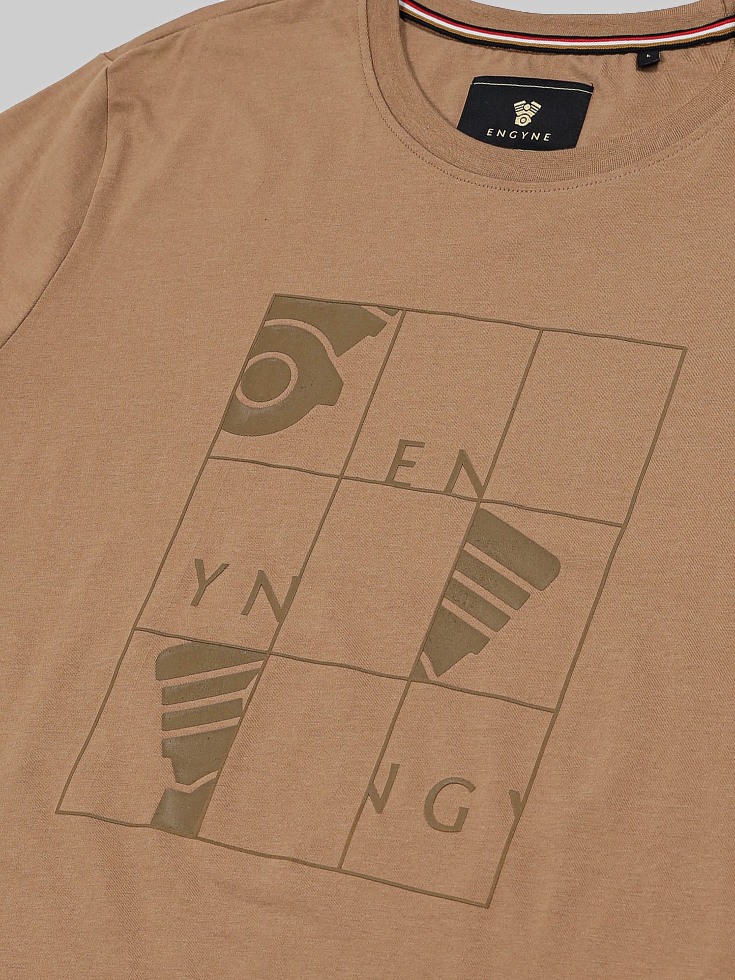 Rougen Cotton Lycra with HD and Non-PVC Chest Print Khaki T-shirt - ENGYNE