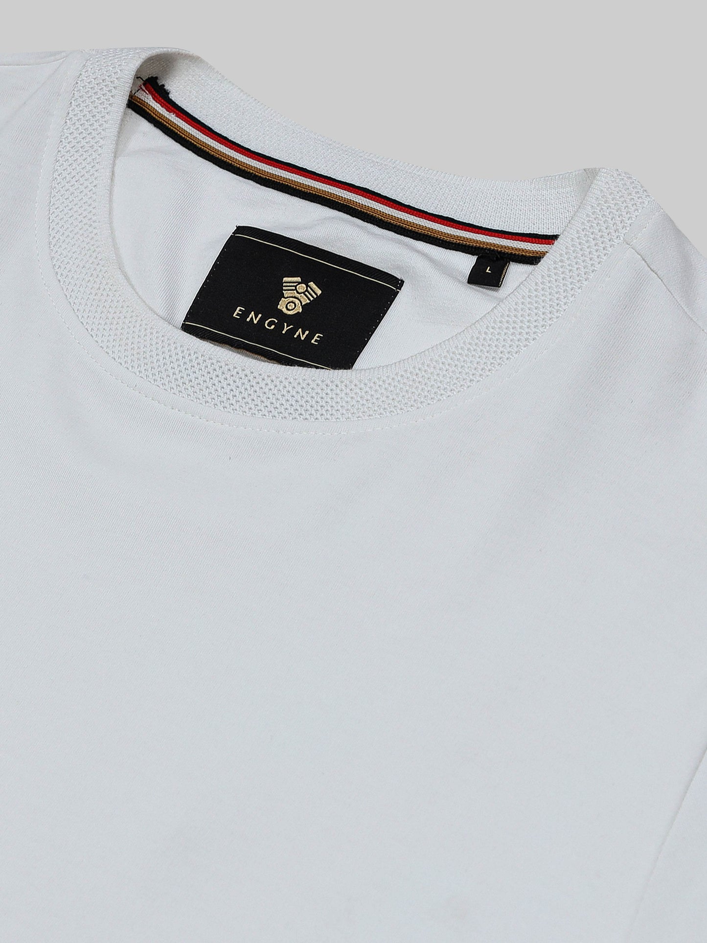 Supima Cotton Lycra Tee with Honeycomb Neck Rib, Flat-Knit Cuffs, and HD Back Print White T-shirt - ENGYNE