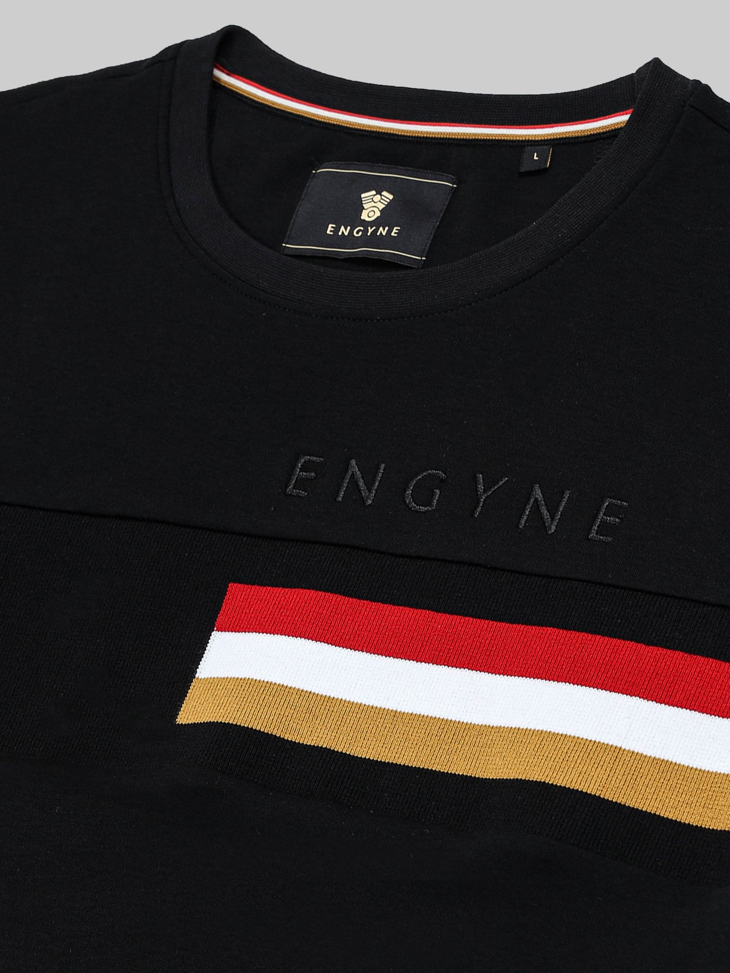 Supima Cotton Lycra Interlock with Engyne Signature Flat-Knit Rib Chest Panel and Embroidered Branding Black T-shirt - ENGYNE