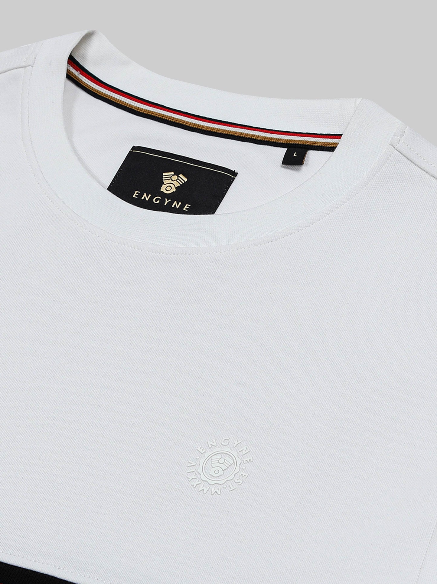 Crew Neck Sweatshirt with Two-Tone Cut-and-Sew and 4-Color Chest Rib White - ENGYNE