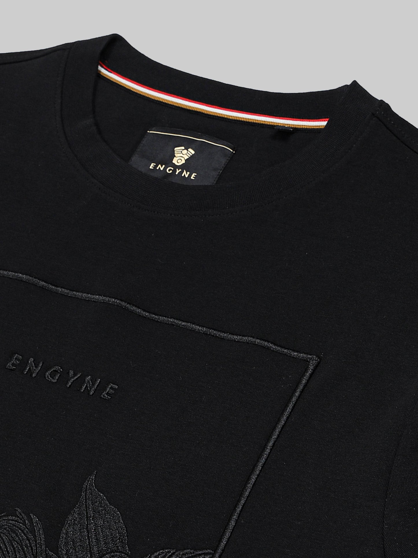 Crew Neck Sweatshirt with DTM Floral Chest Embroidery Black - ENGYNE