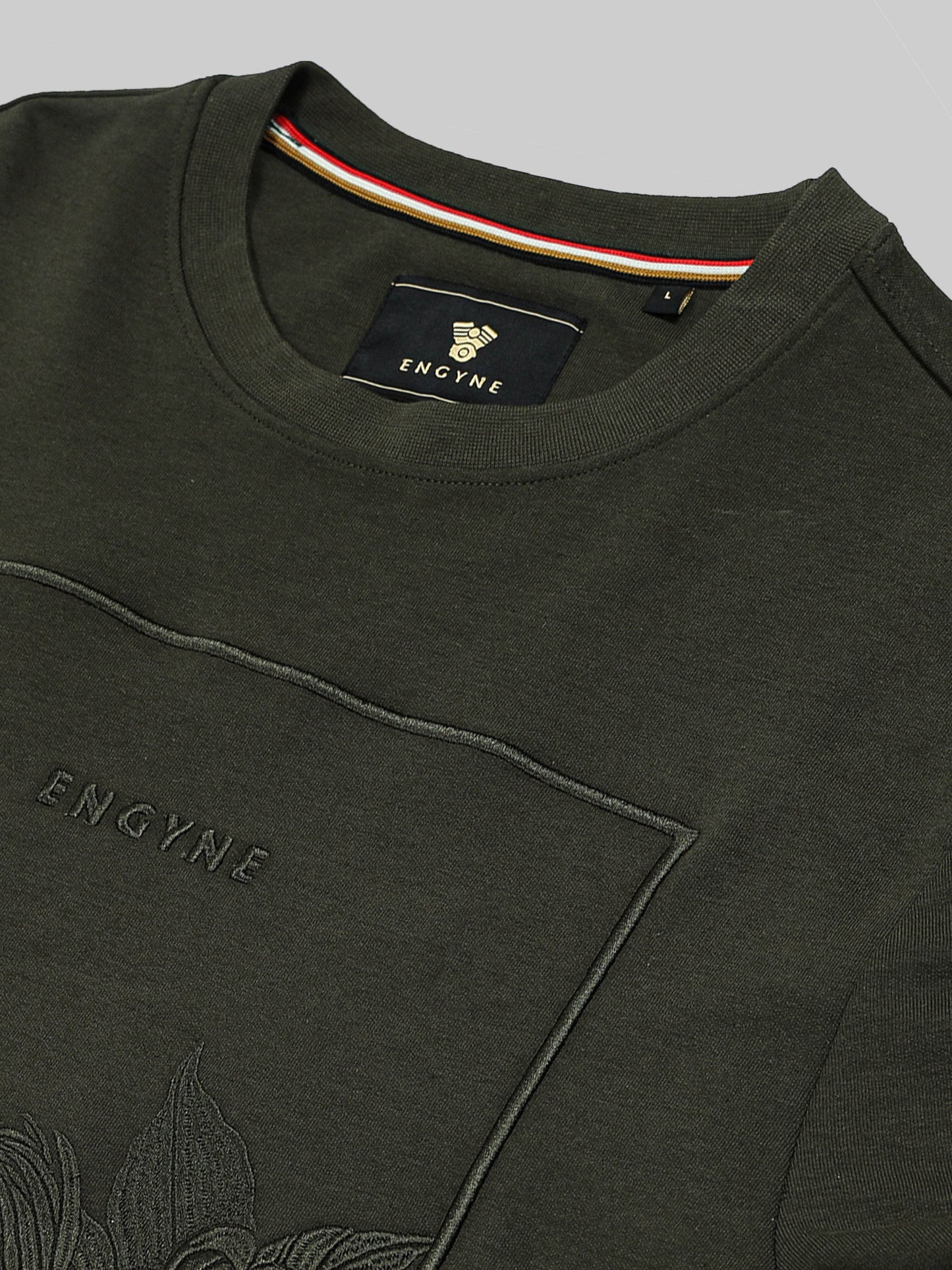 Crew Neck Sweatshirt with DTM Floral Chest Embroidery Olive - ENGYNE
