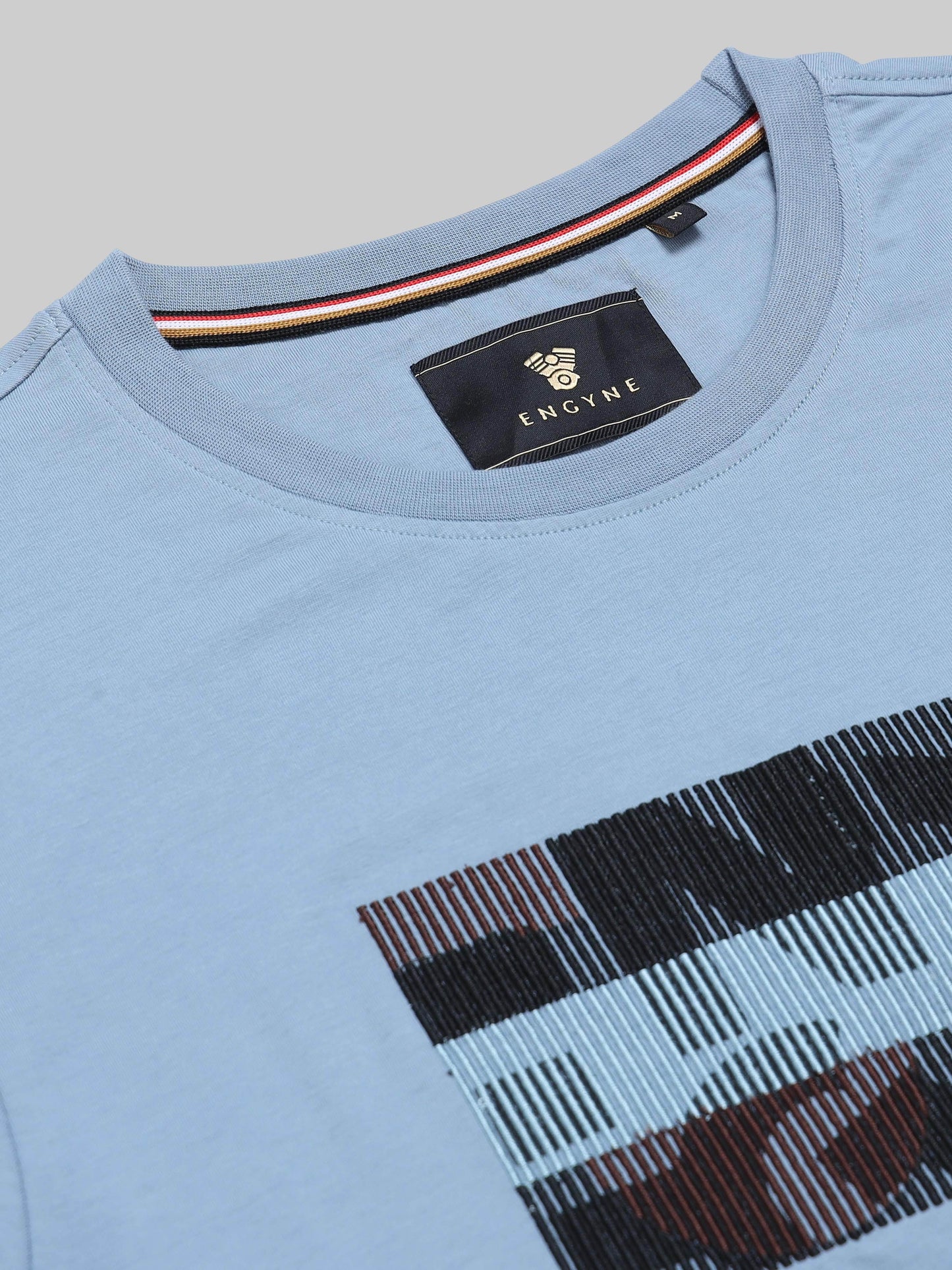 Regular Fit T-shirt in Supima Cotton Lycra with Non-PVC Print and Chest Embroidery Featuring Branded Artwork Play - Dusty Blue - ENGYNE