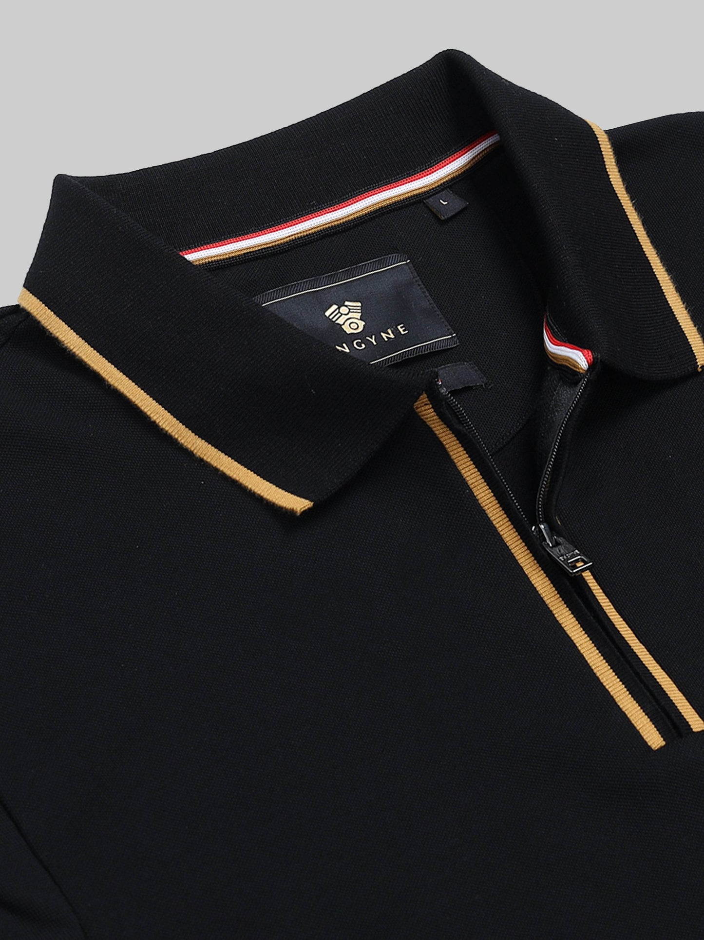 Regular Fit Polo in Supima Cotton Lycra Piqué with DTM Tipped Flat Knit Collar and Cuff, Zipper Placket, and HD Chest Branding Sticker - Black - ENGYNE