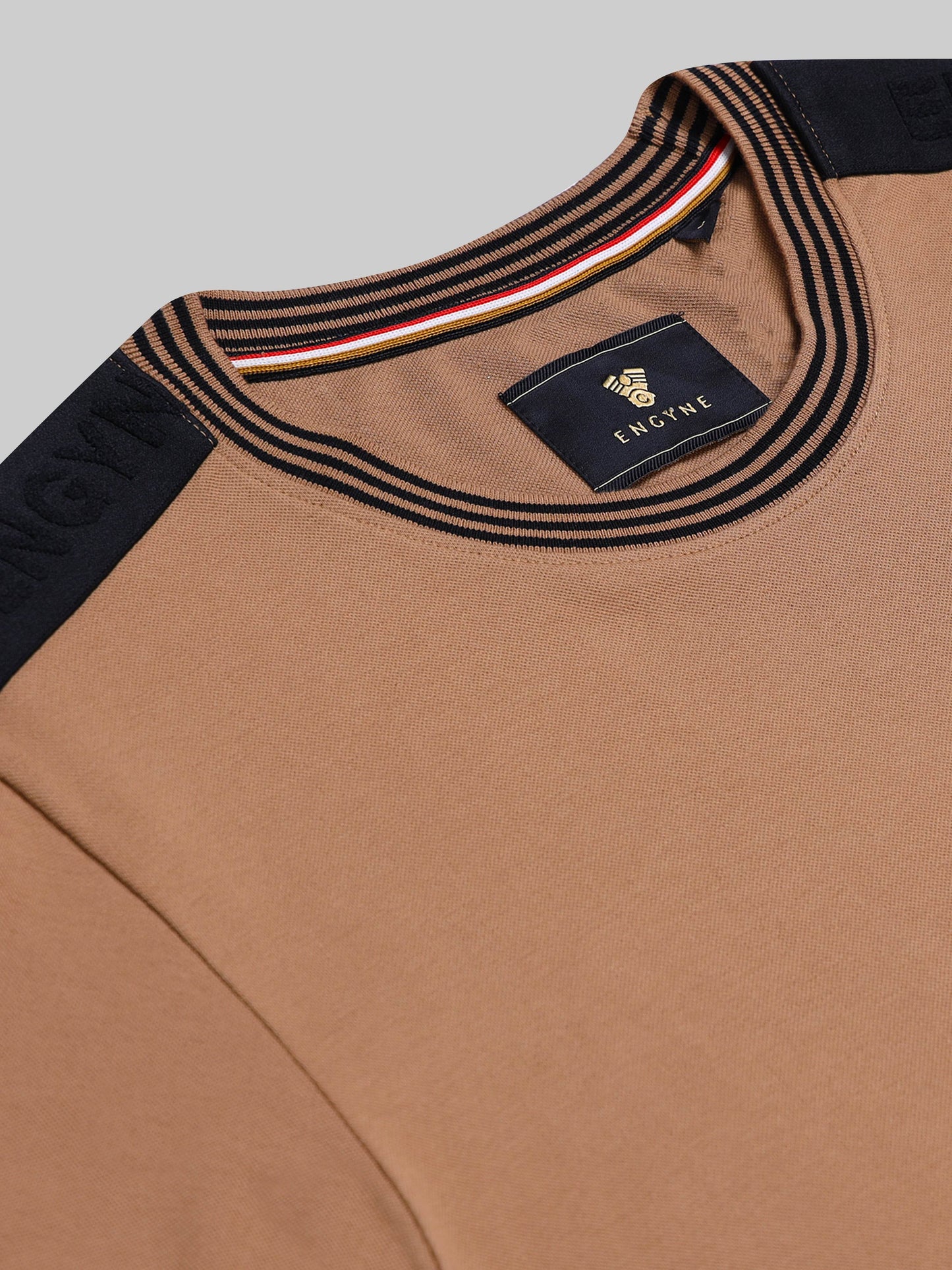 Rougen Cotton Lycra with Woven Shoulder Tape and Contrast Neck Rib Khaki T-shirt - ENGYNE