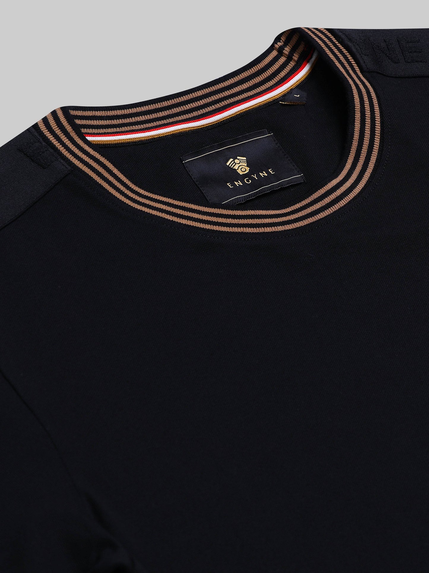 Rougen Cotton Lycra with Woven Shoulder Tape and Contrast Neck Rib Black T-shirt - ENGYNE