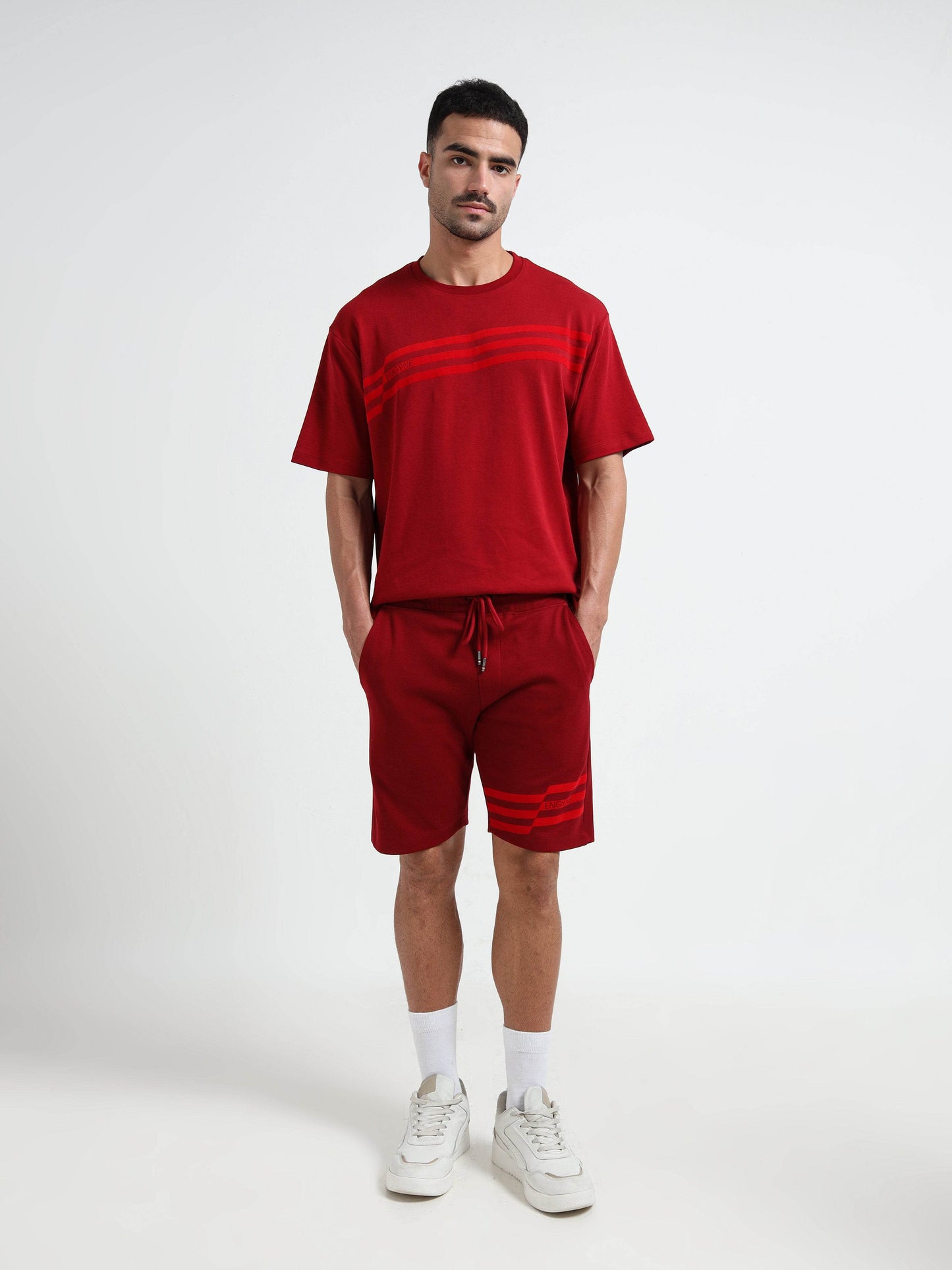 Engyne Oversize Flock Stripe Print T-Shirt in Supima Cotton Flag Waving Edition Dark Red - ENGYNE