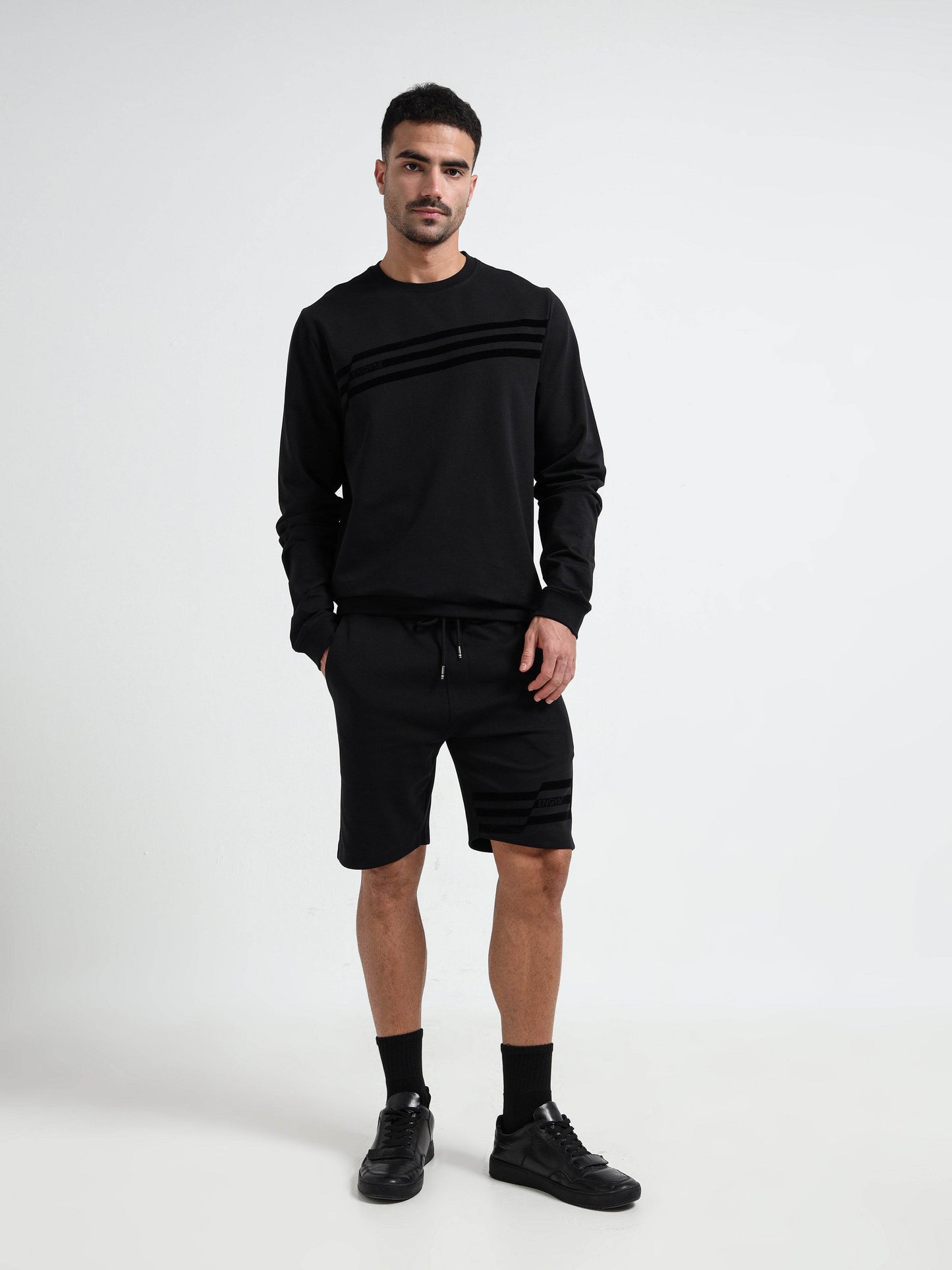 Engyne Tonal Flock Flag Sweatshirt – Rougen Lycra Loop Knit Black - ENGYNE