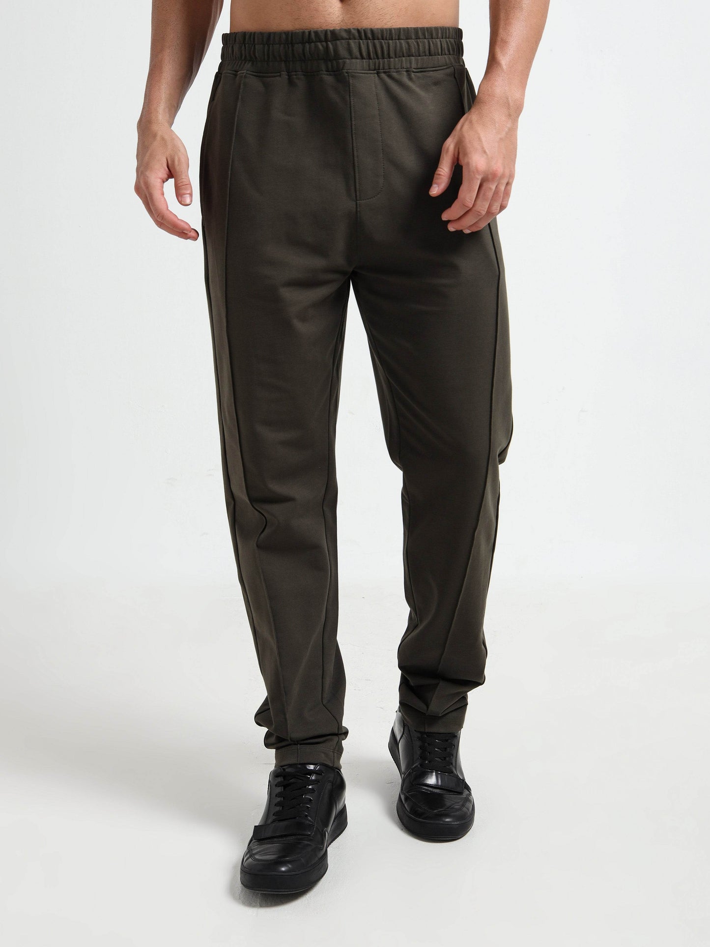 Regular-Fit Rougen Cotton Elastane Loop Knit Trackpant with Center Pin Tuck element - ENGYNE