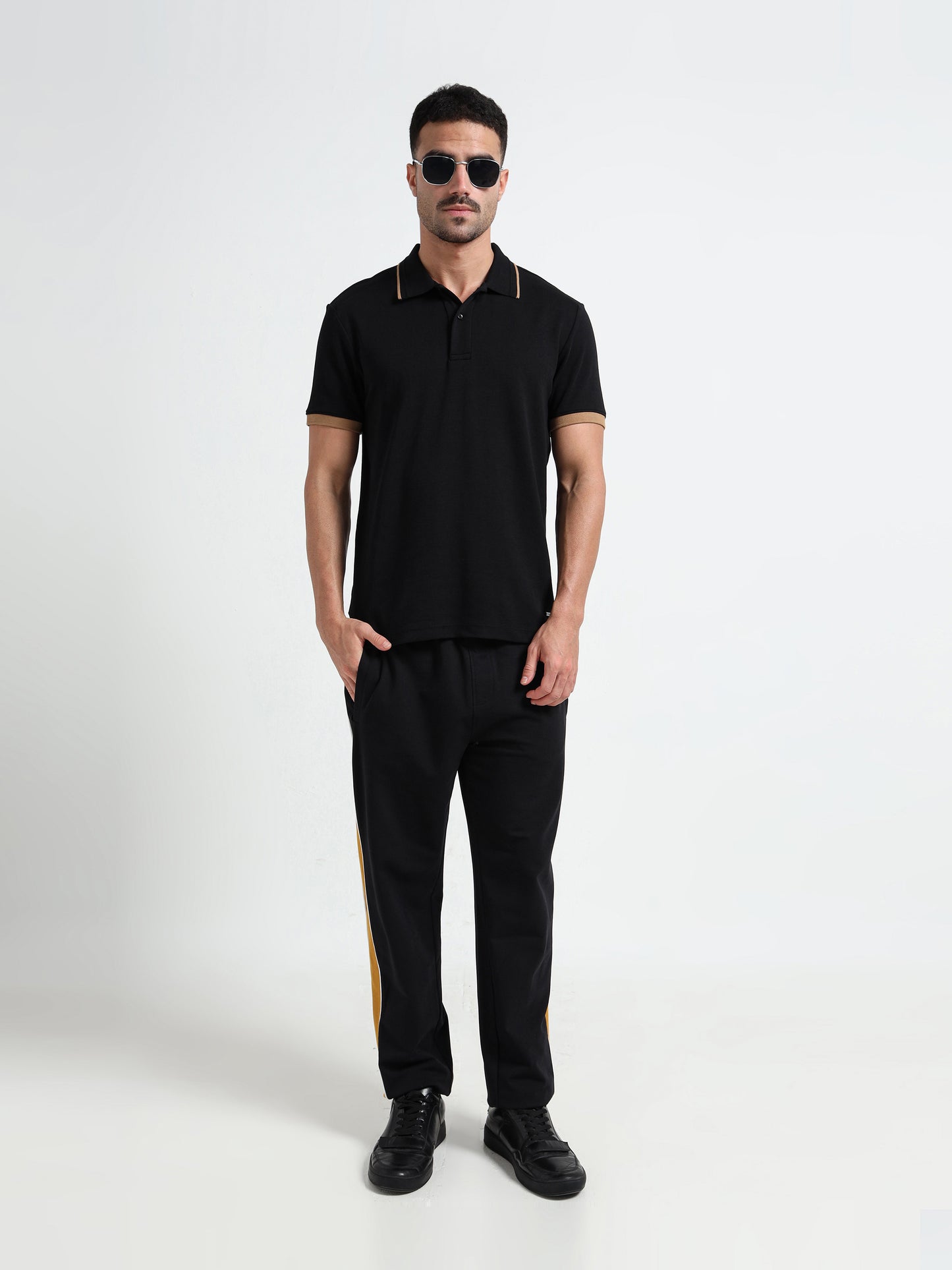 Supima Cotton Lycra Tonal Shoulder Black Polo Tshirts