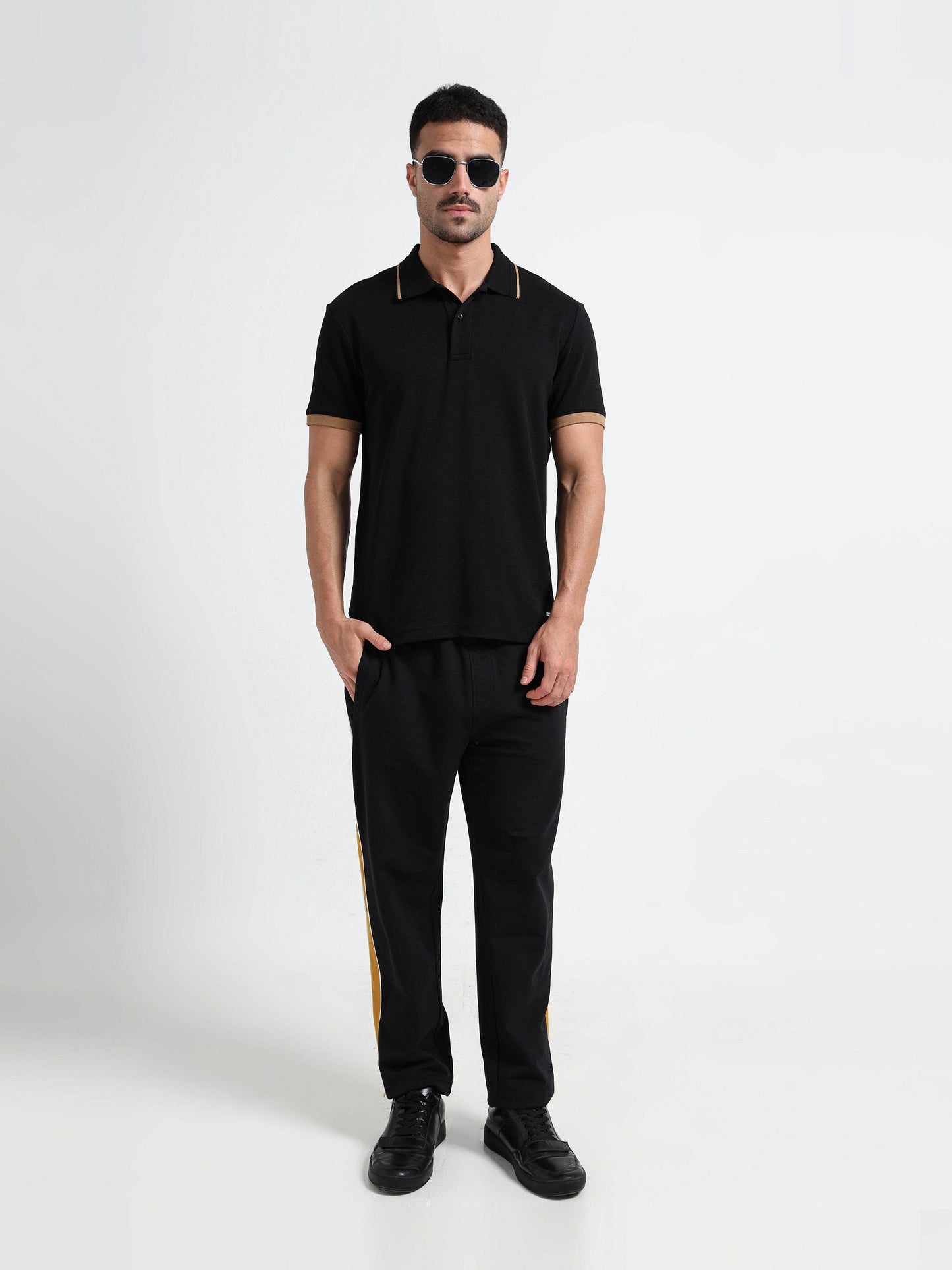 Engyne Supima Cotton Lycra Polo – Tonal Shoulder with Speed Breaker Collar Black - ENGYNE