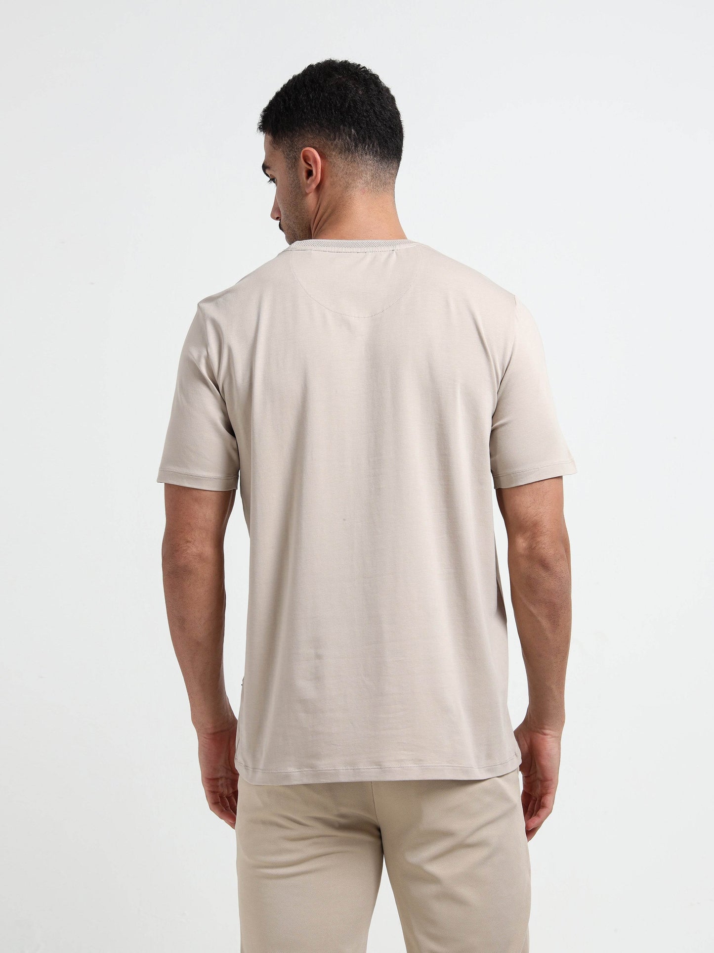 Regular-Fit Supima Cotton Lycra Tee with HD Branding and Textured Neck Rib Sand - ENGYNE