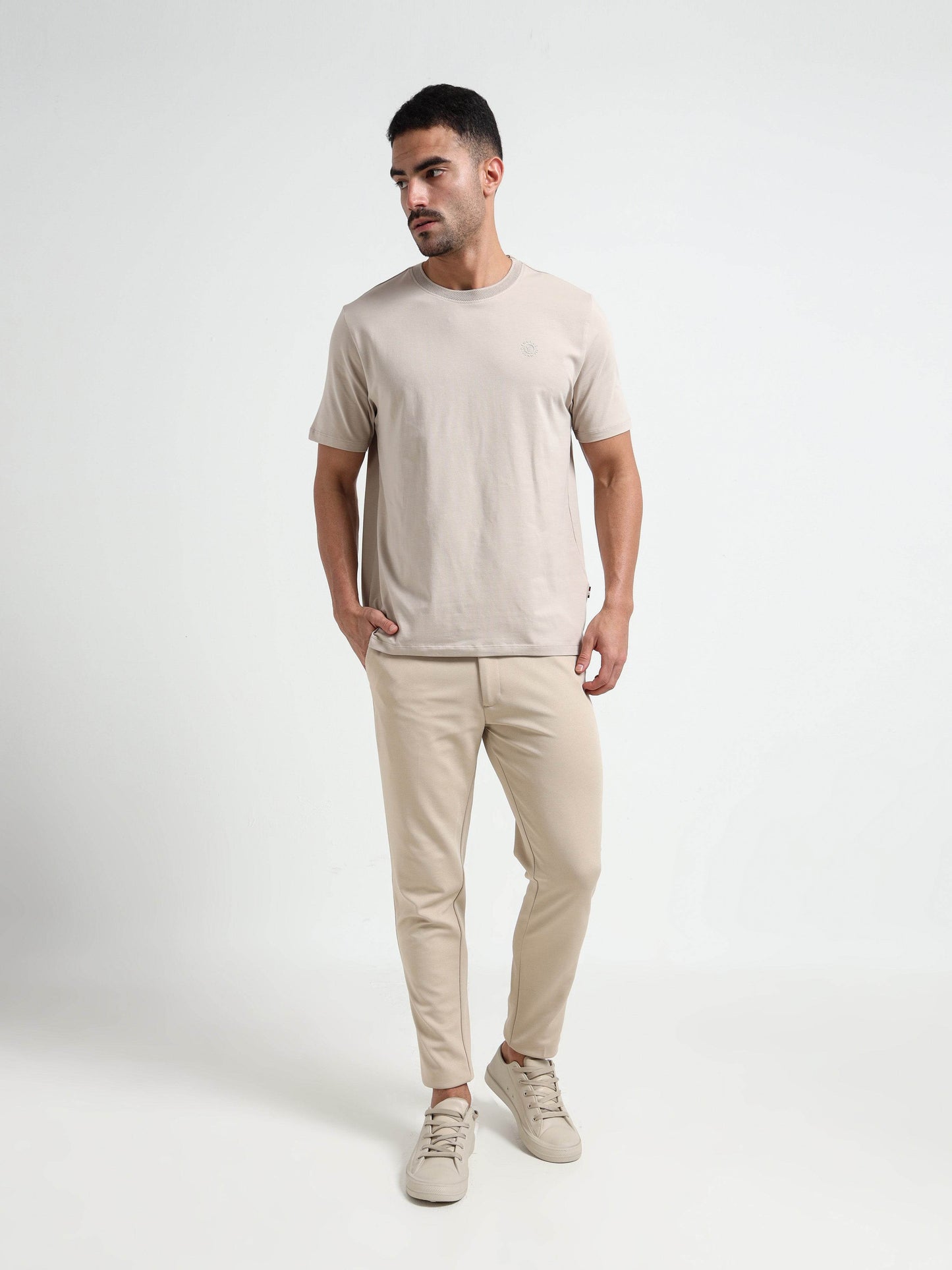Regular-Fit Supima Cotton Lycra Tee with HD Branding and Textured Neck Rib Sand - ENGYNE