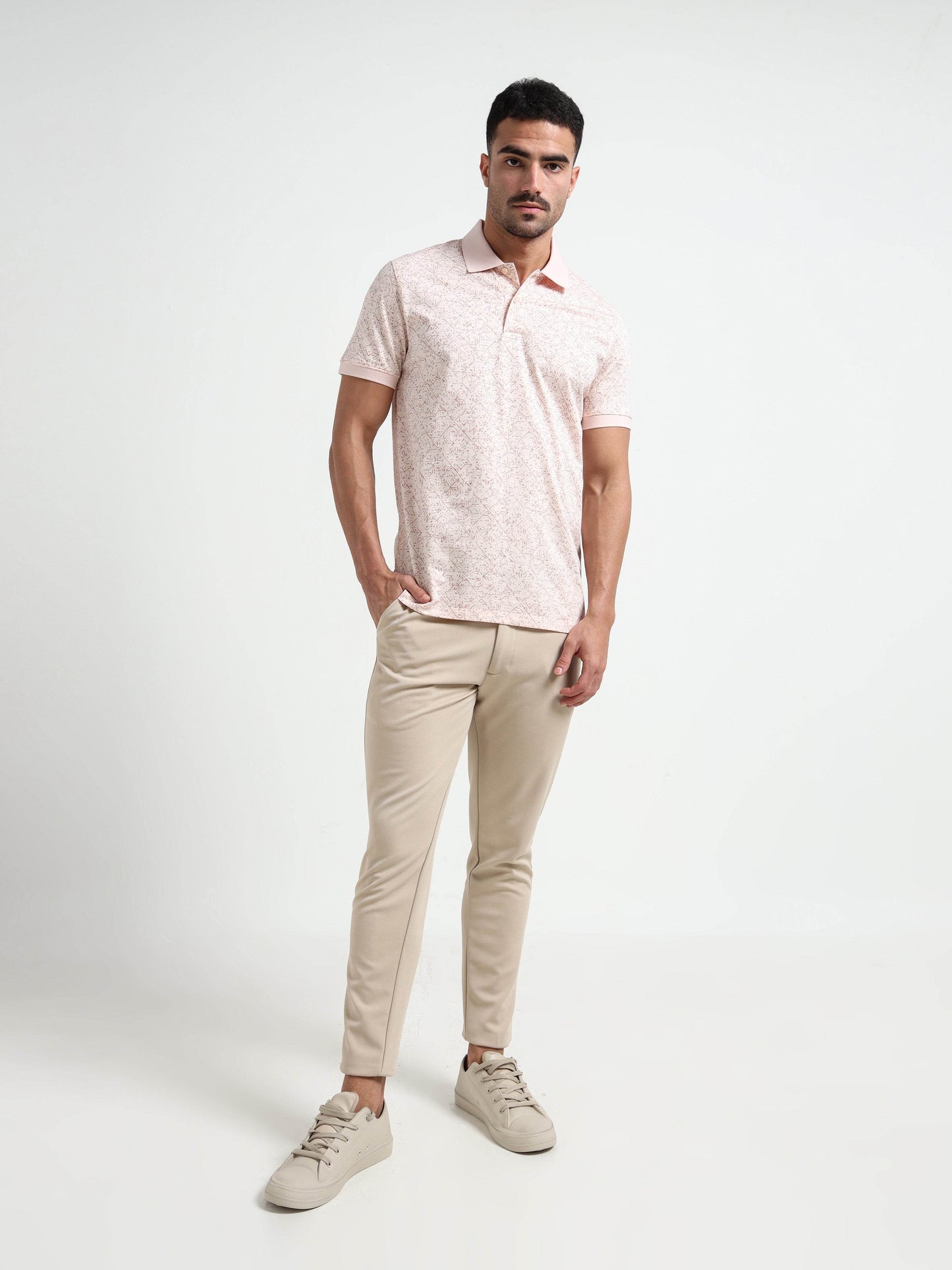 Regular-Fit Supima Cotton LuxeKnit Polo with Rotary Pigment Print and Slim DTM Collar Light Pink - ENGYNE