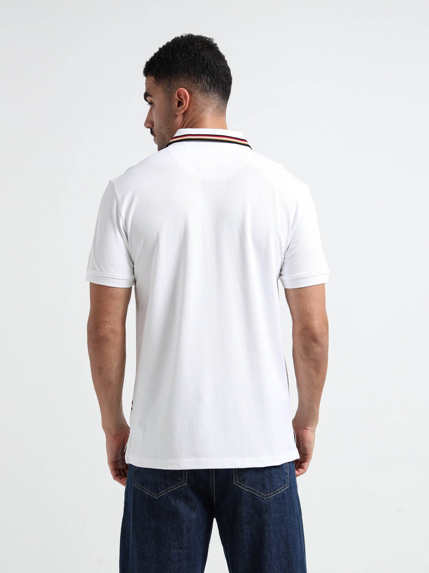 Engyne Supima Cotton Lycra Pique Polo – Signature Flag Tipped with Sticker Print White - ENGYNE
