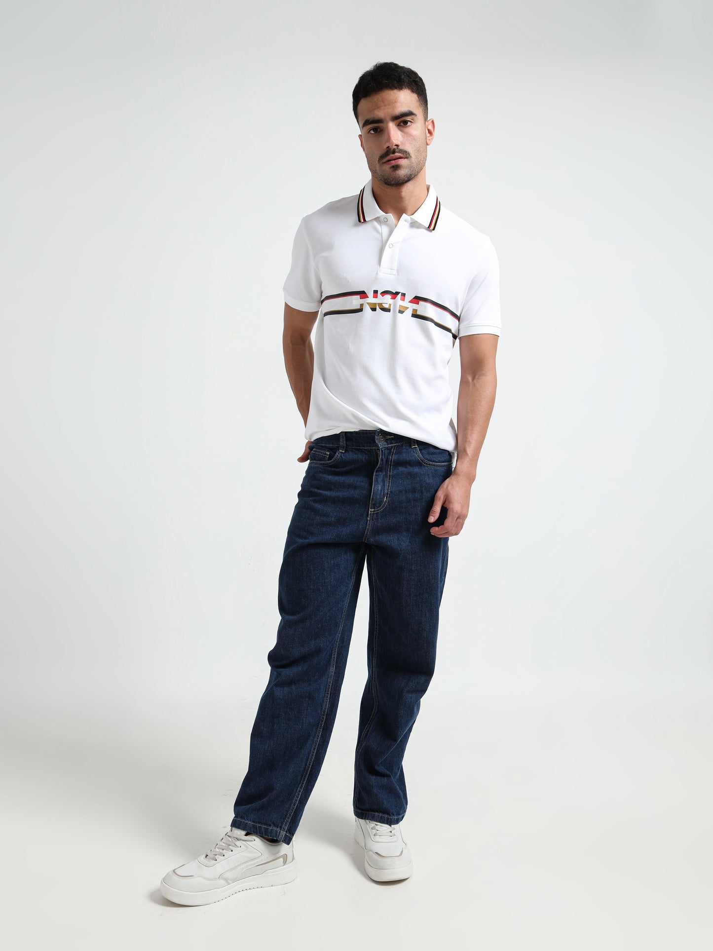 Flag Tipped with Sticker Print White Polo Shirt for Men
