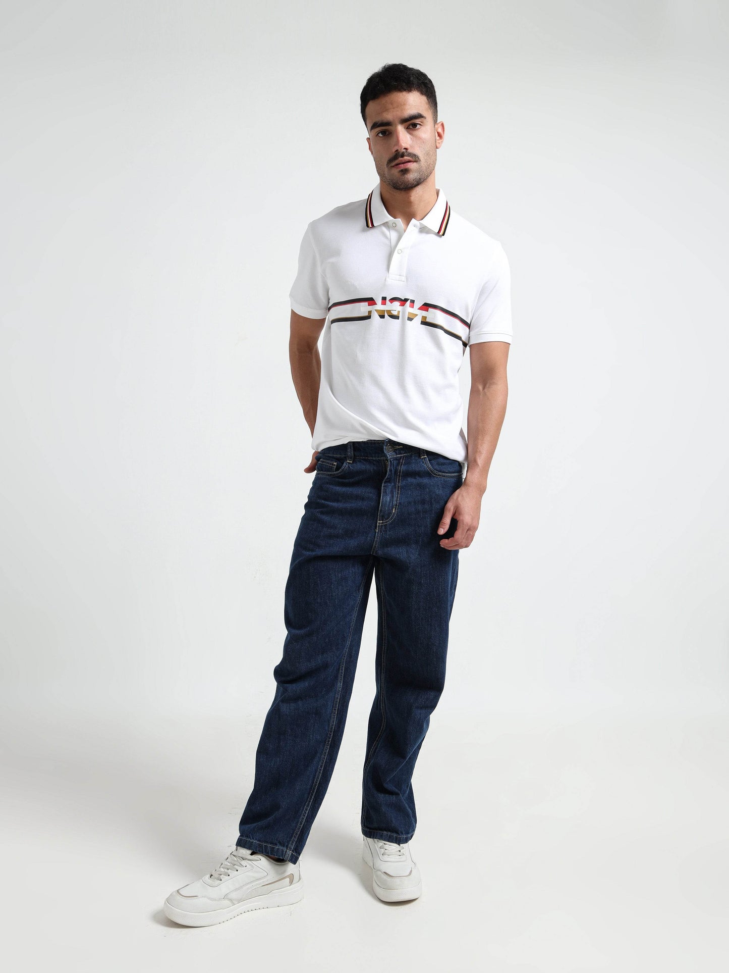 Engyne Supima Cotton Lycra Pique Polo – Signature Flag Tipped with Sticker Print White - ENGYNE