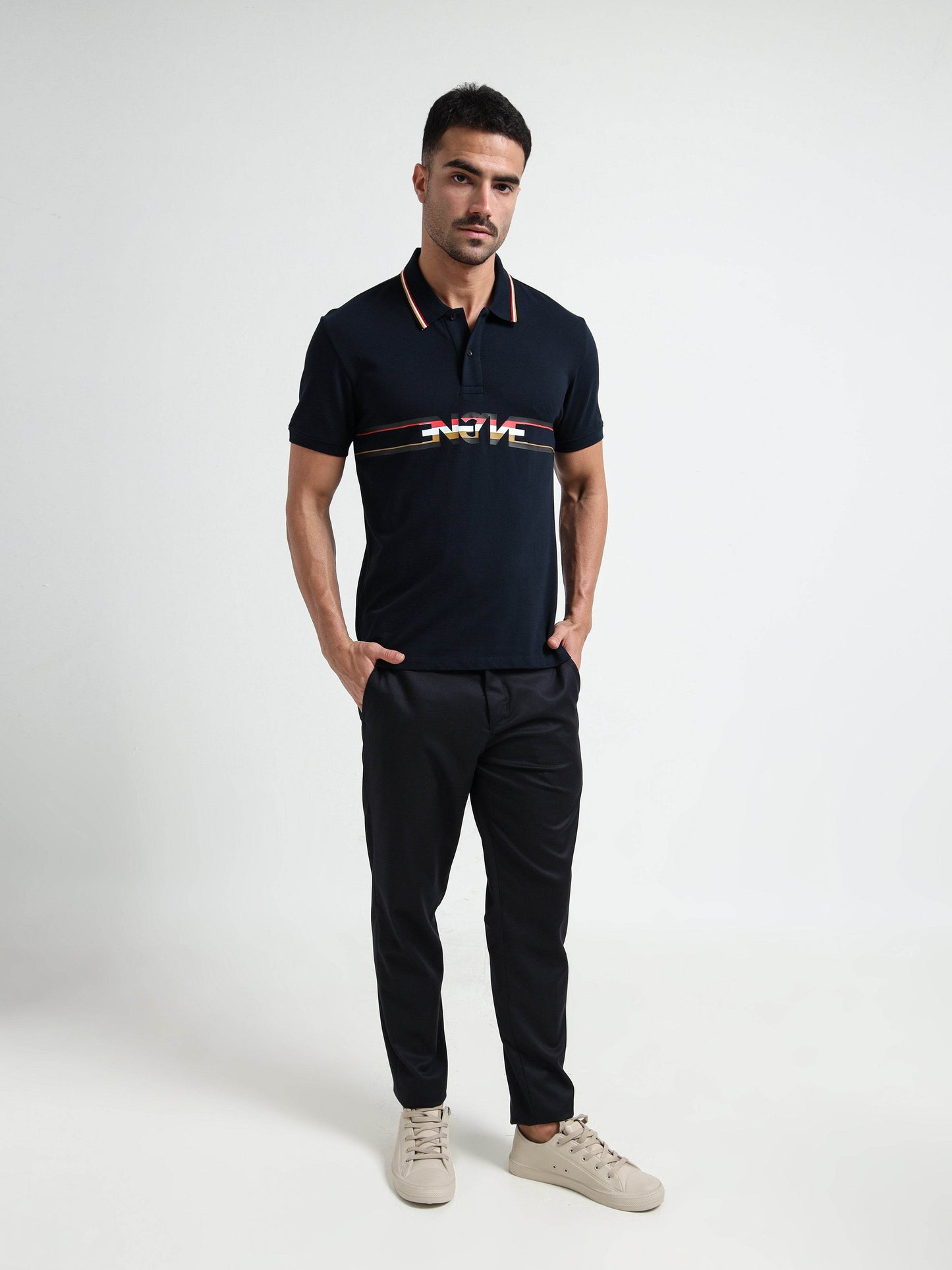 Engyne Supima Cotton Lycra Pique Polo – Signature Flag Tipped with Sticker Print Navy - ENGYNE