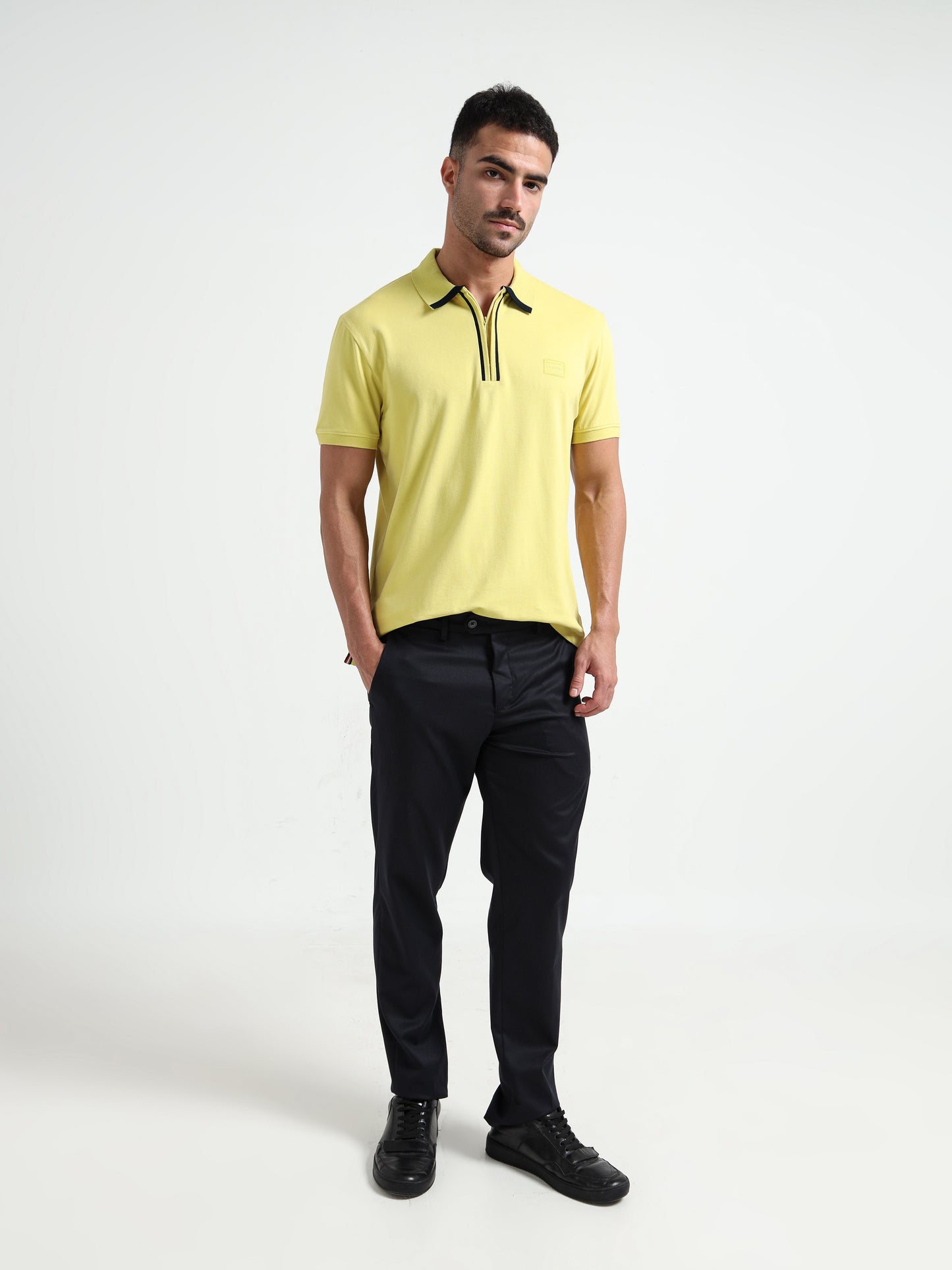 Supima Cotton Lycra Neon Green Zip Polo Shirt for Men