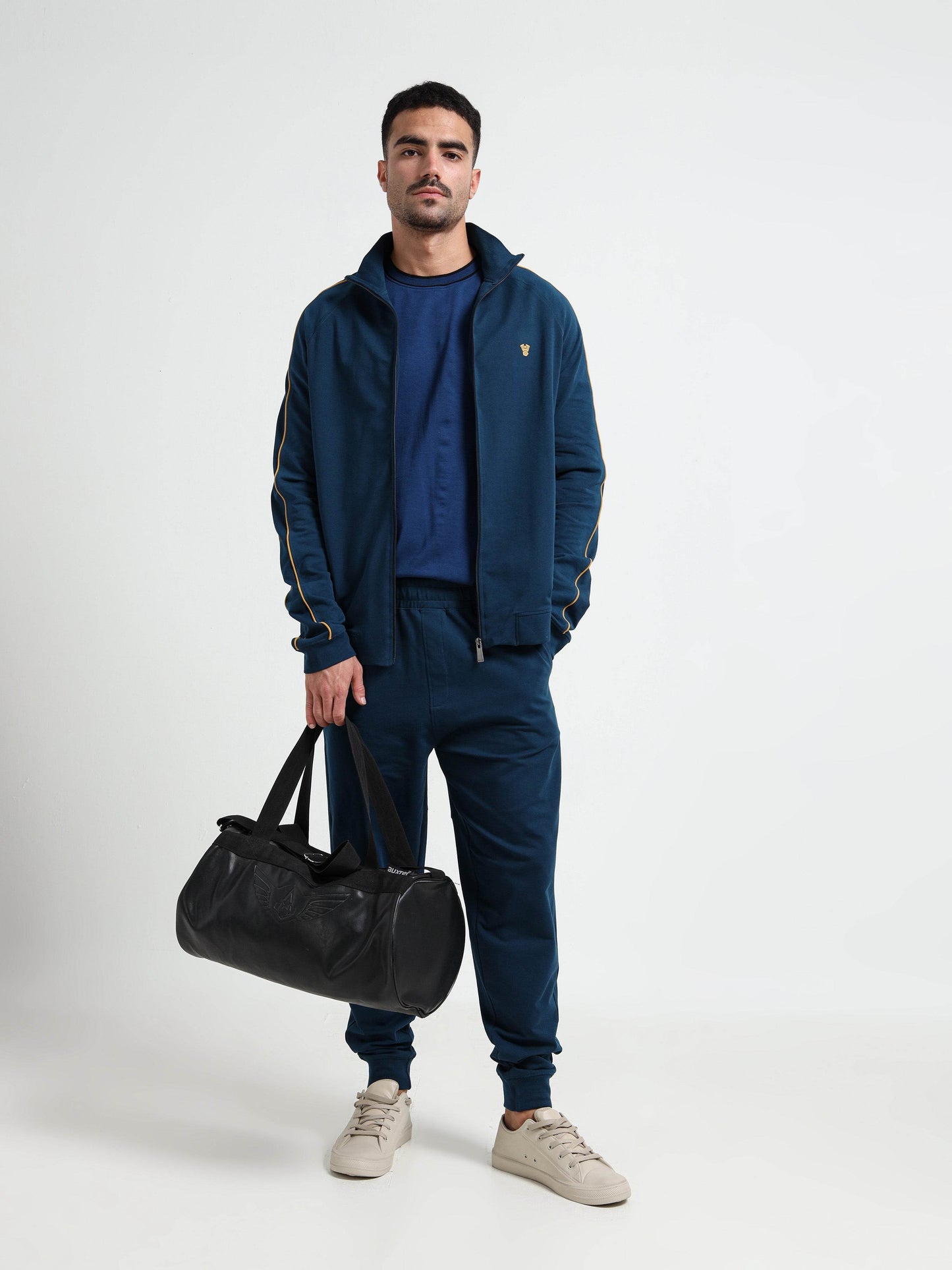 Regular-Fit High Neck Zipper Sweatshirt with Cut-and-Sew Design and Contrast Corded Piping Teal - ENGYNE