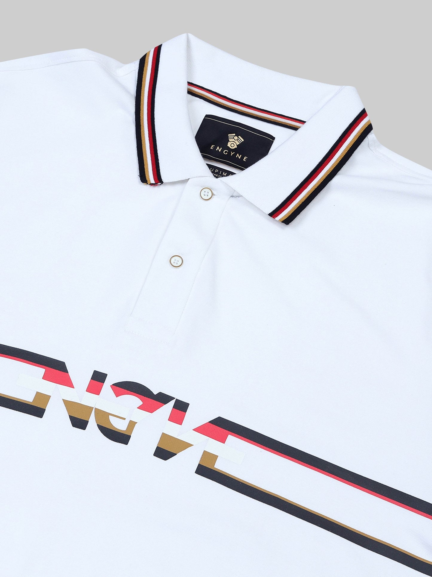 Engyne Supima Cotton Lycra Pique Polo – Signature Flag Tipped with Sticker Print White - ENGYNE