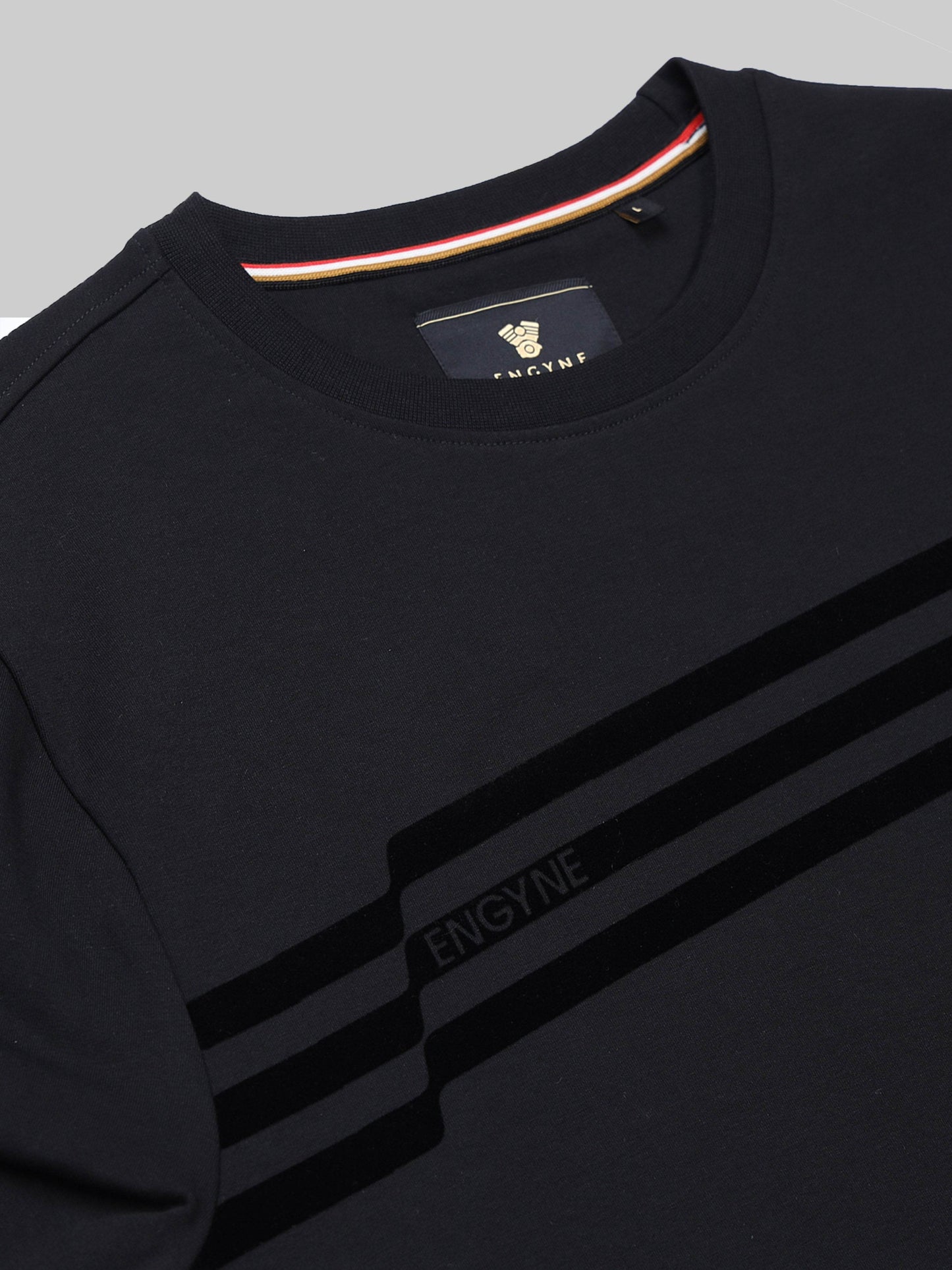 Engyne Oversize Flock Stripe Print T-Shirt in Supima Cotton Flag Waving Edition Black - ENGYNE