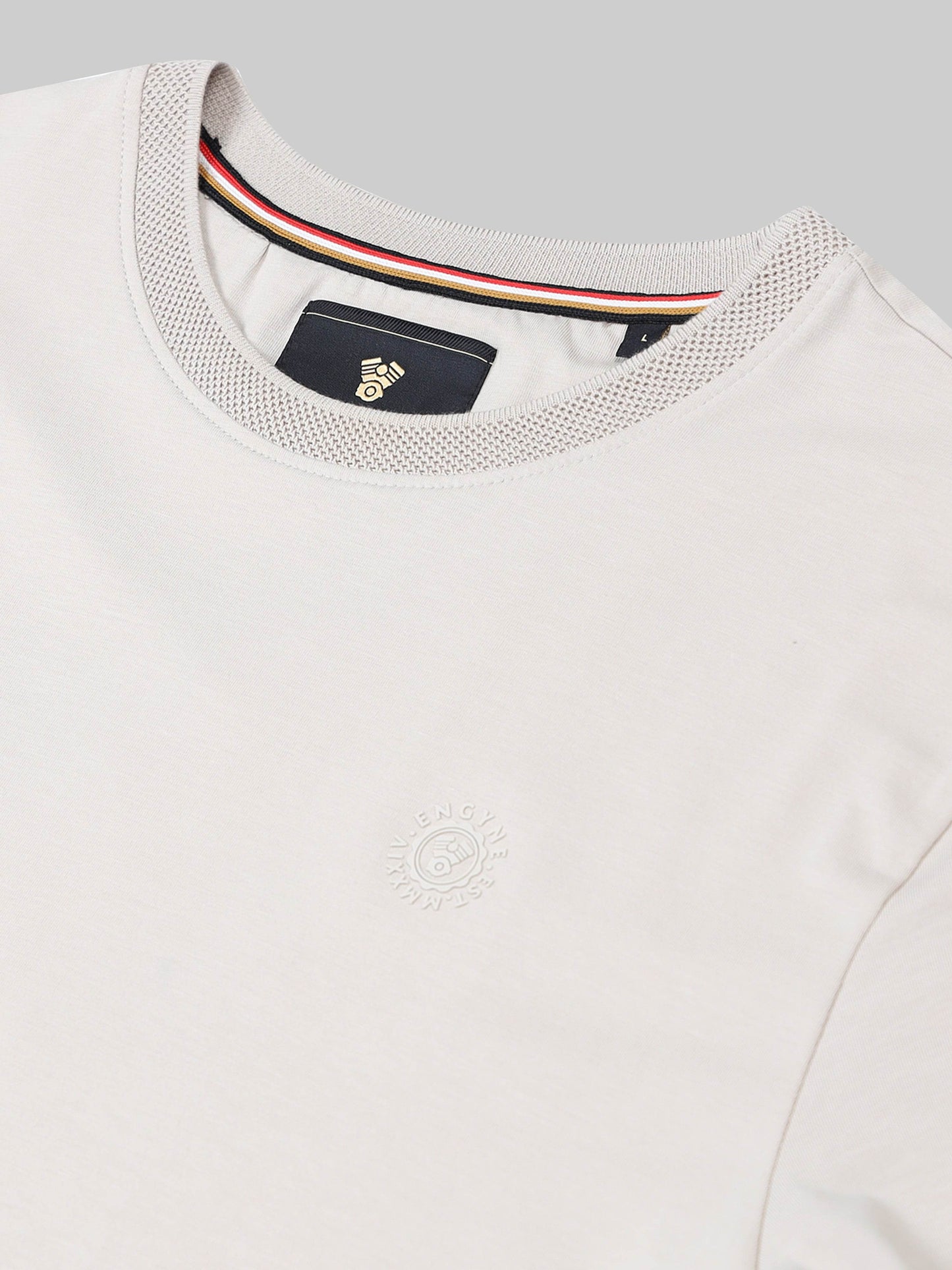 Regular-Fit Supima Cotton Lycra Tee with HD Branding and Textured Neck Rib Sand - ENGYNE