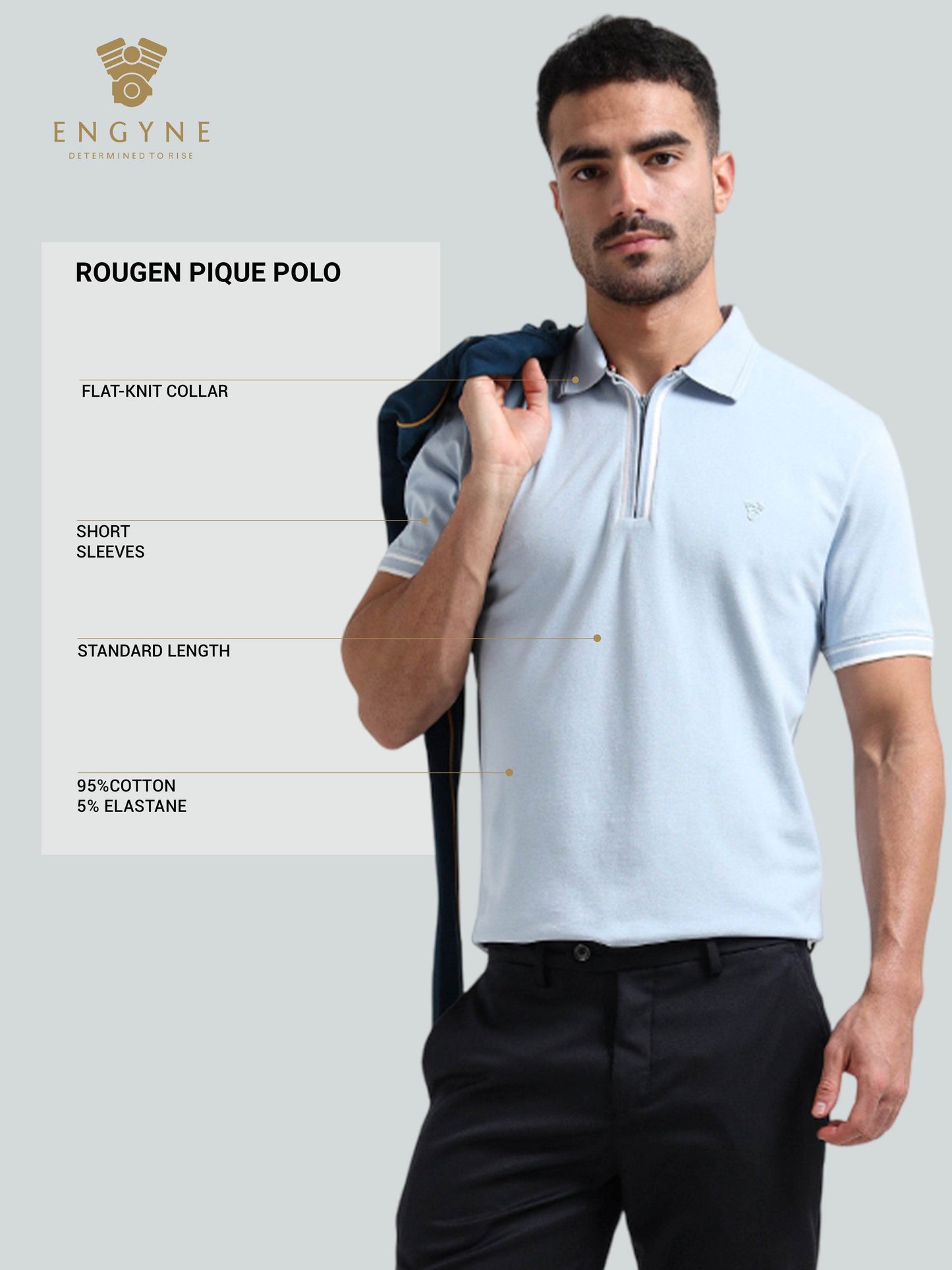 Engyne Rougen Piqué Polo – Speed Breaker Collar & Zipper Placket Light Blue - ENGYNE
