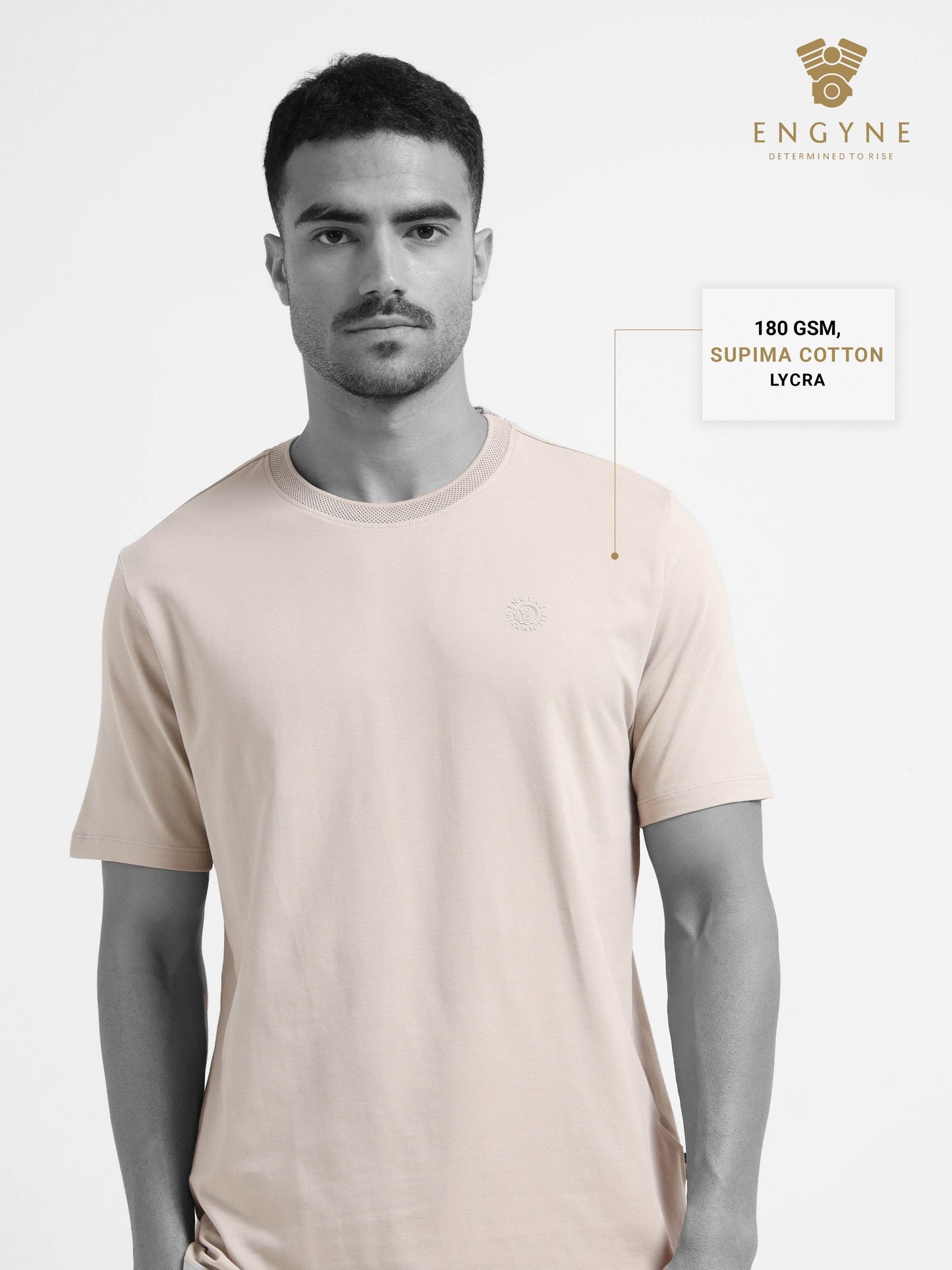 Regular-Fit Supima Cotton Lycra Tee with HD Branding and Textured Neck Rib Sand - ENGYNE
