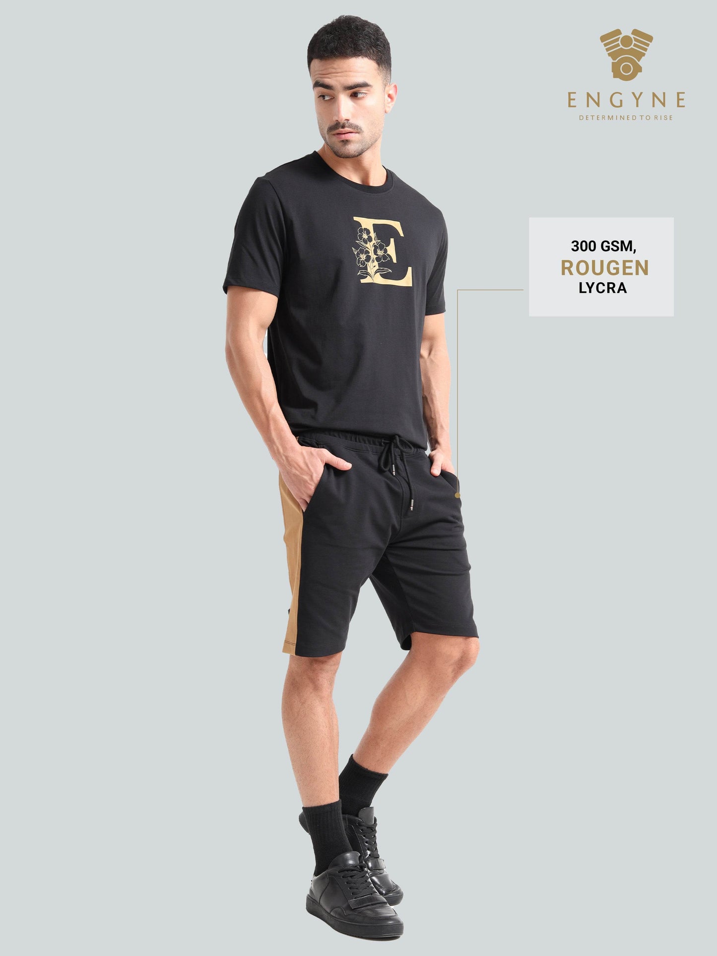 Engyne Contrast Cut & Sew Shorts – Rougen Lycra Loop Knit Black - ENGYNE
